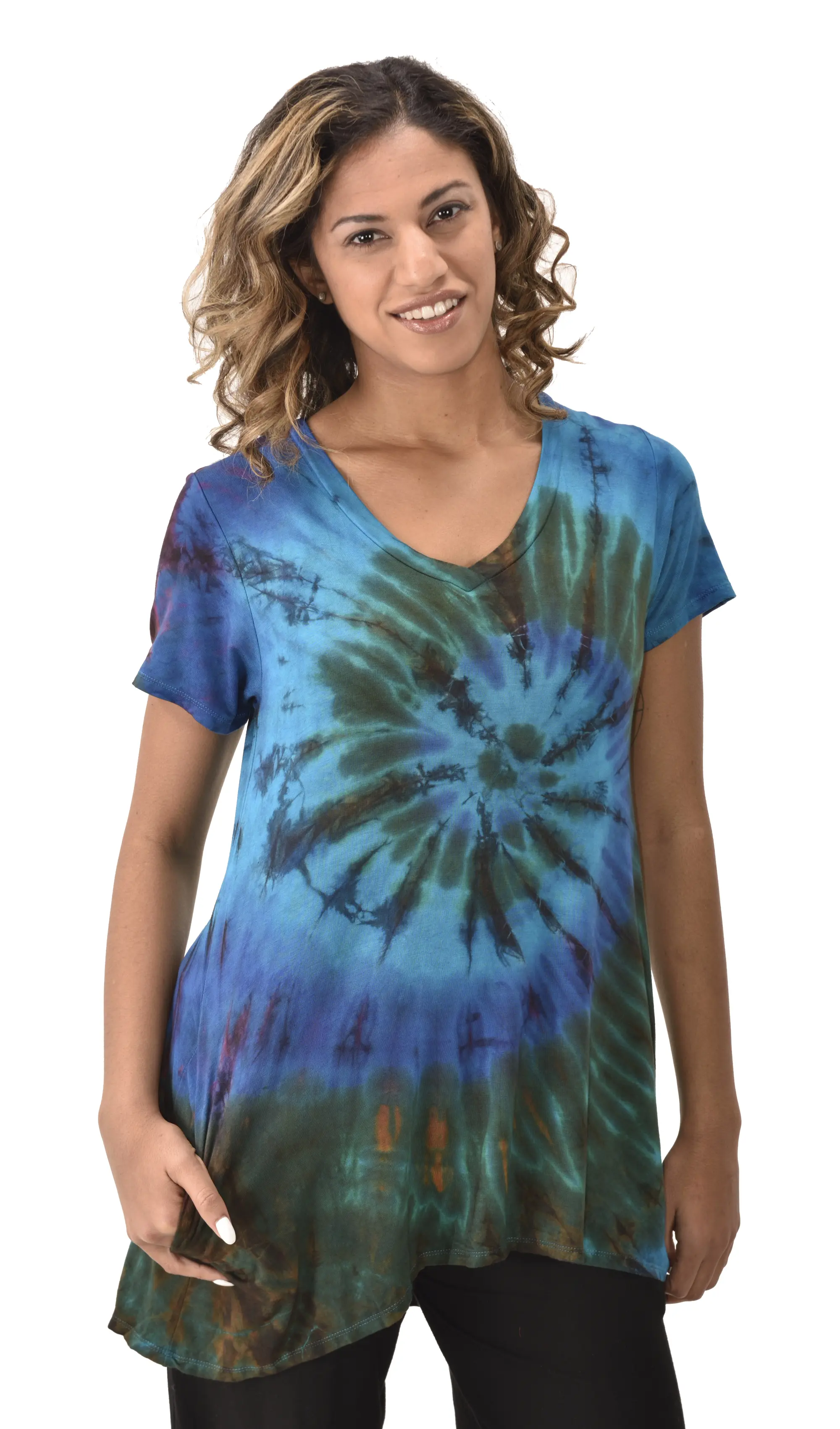 Top V Neck Short Sleeve Dress/Blouse Mudmee Ikat style reverse tie dye on Rayon Spandex fabric boho chic hippie festival Top Dress combo