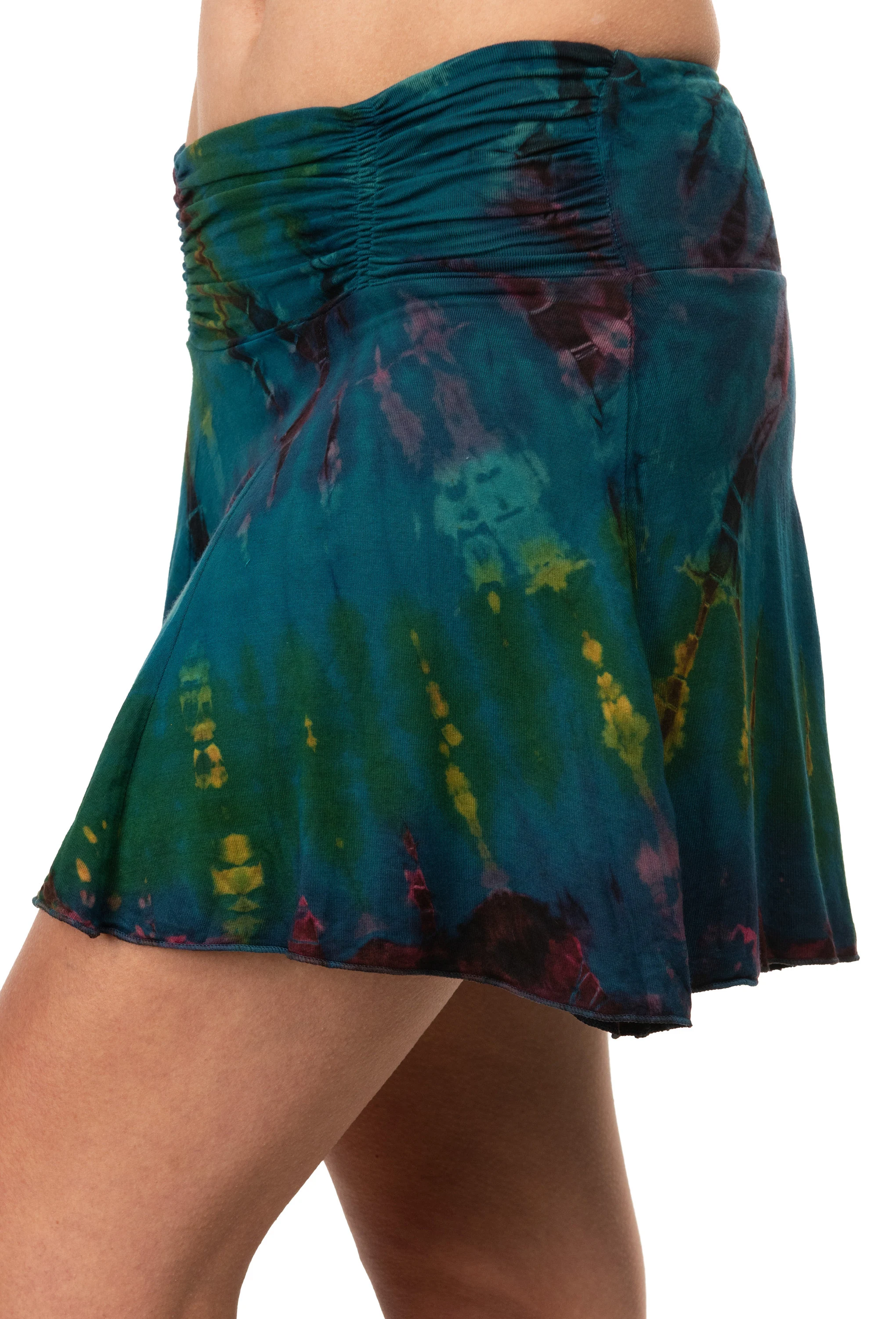 Skirt Mini Tie Dye Skirt Hand Painted reverse Mudmee Ikat style Tie Dye on high quality silky soft Rayon Spandex blended fabric