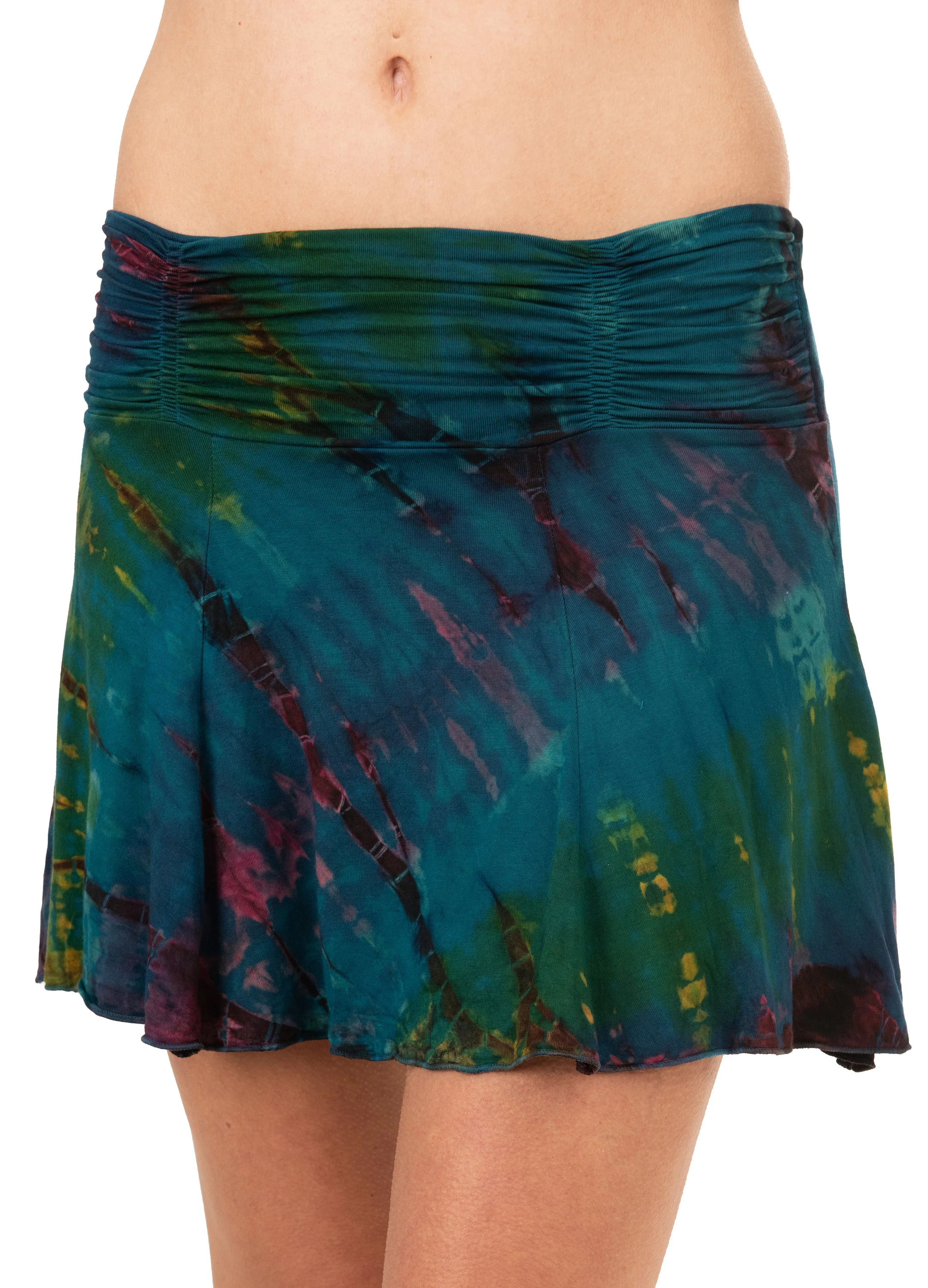 Skirt Mini Tie Dye Skirt Hand Painted reverse Mudmee Ikat style Tie Dye on high quality silky soft Rayon Spandex blended fabric