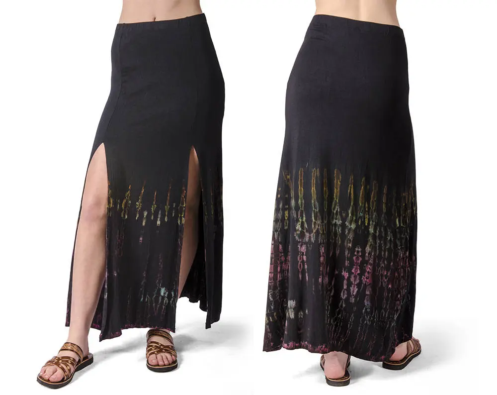 Skirt Split Leg Maxi reverse Tie Dye Mudmee Ikat style hand Painted on quality Rayon Spandex blended fabric Bohemian Chic Festival Skirt