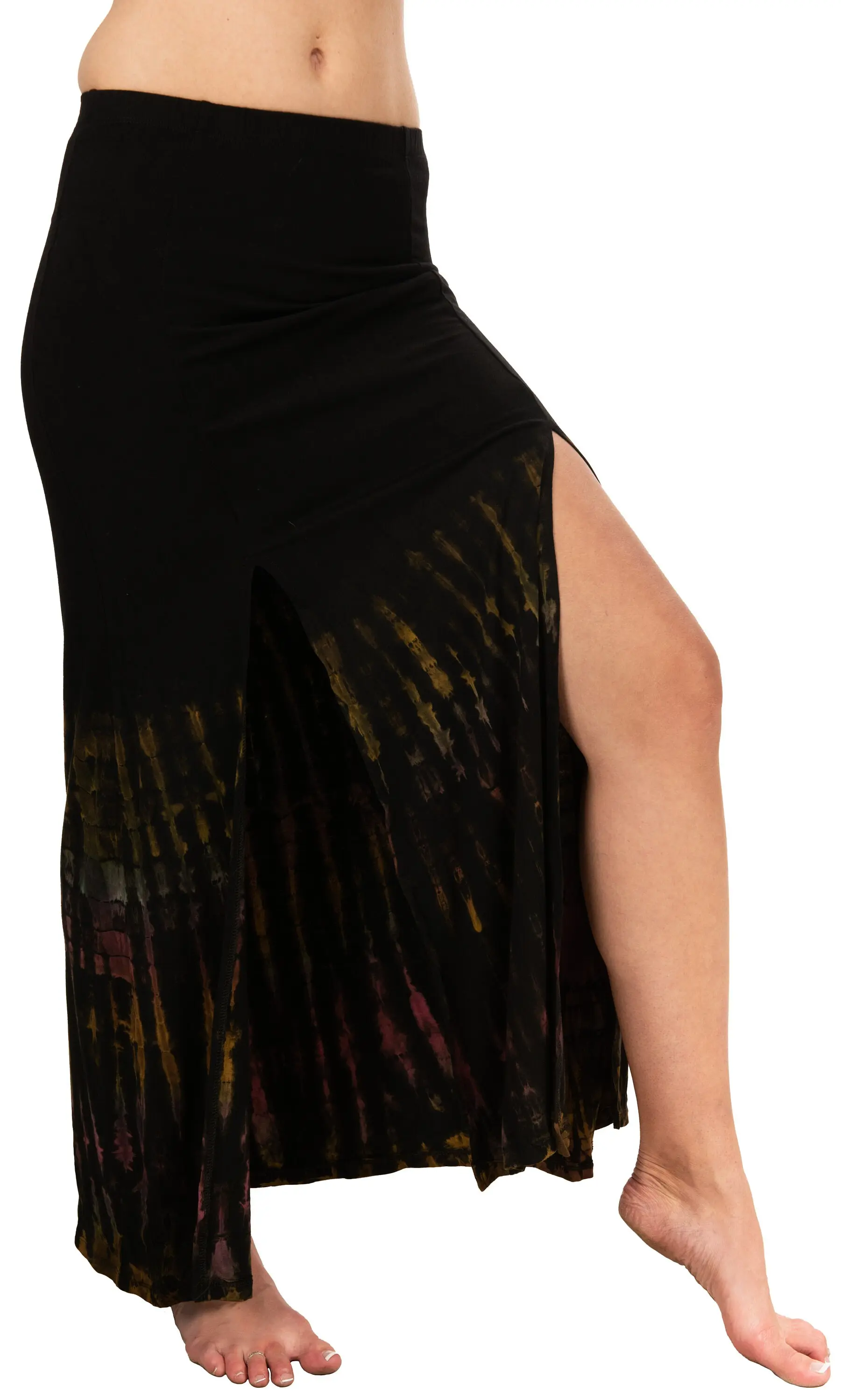 Skirt Split Leg Maxi reverse Tie Dye Mudmee Ikat style hand Painted on quality Rayon Spandex blended fabric Bohemian Chic Festival Skirt