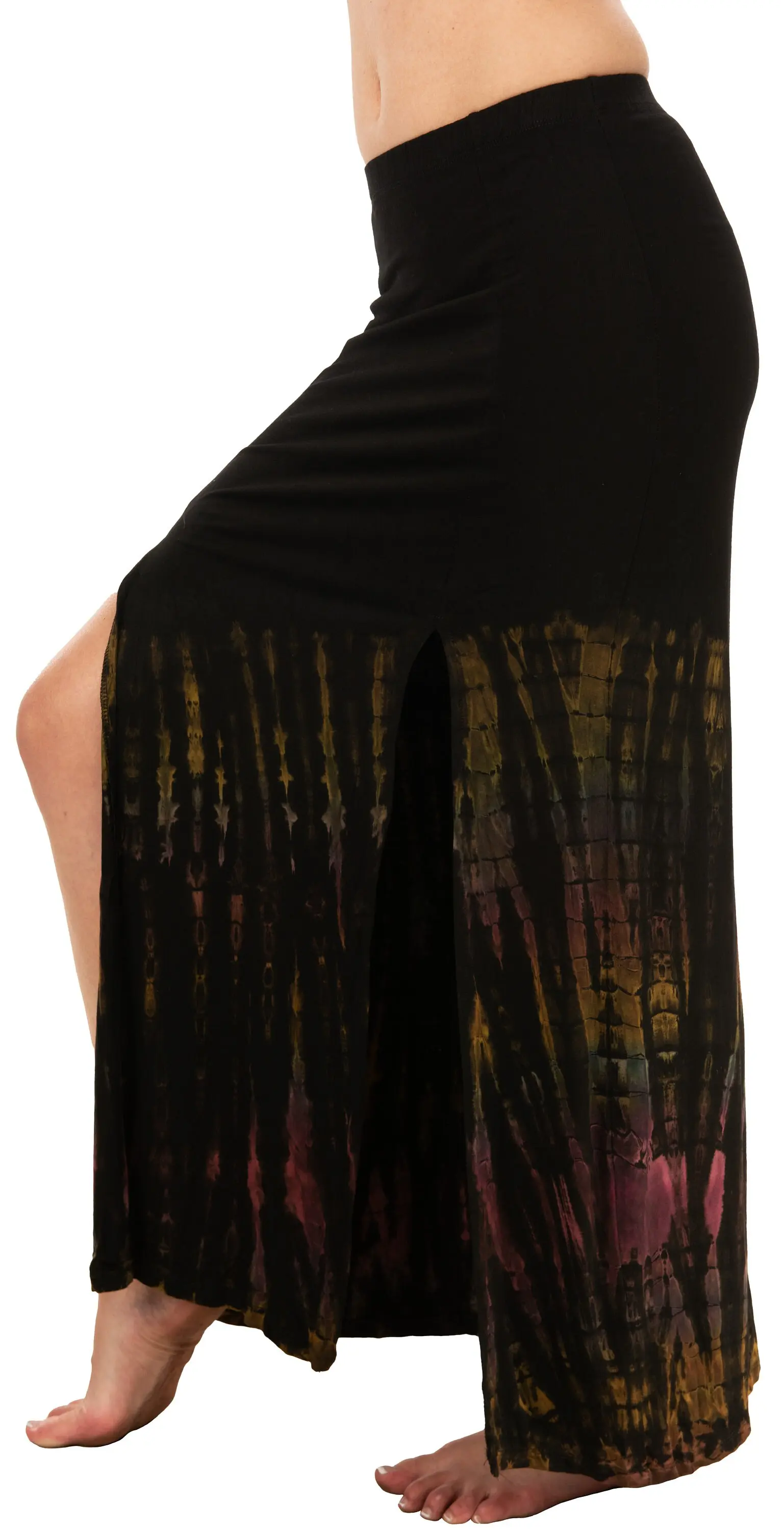 Skirt Split Leg Maxi reverse Tie Dye Mudmee Ikat style hand Painted on quality Rayon Spandex blended fabric Bohemian Chic Festival Skirt