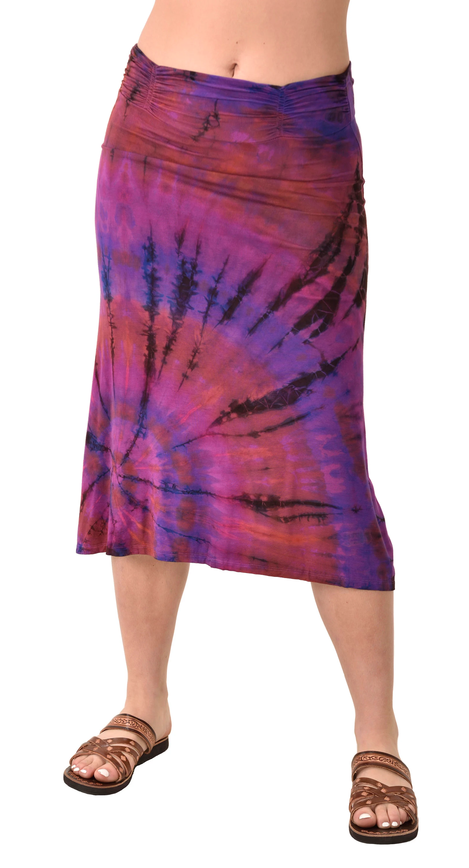 Skirt A-line Midi reverse Tie Dye Ikat style hand painted Thai Mudmee on quality silky Spandex Rayon blended fabric Boho Chic Festival Skirt