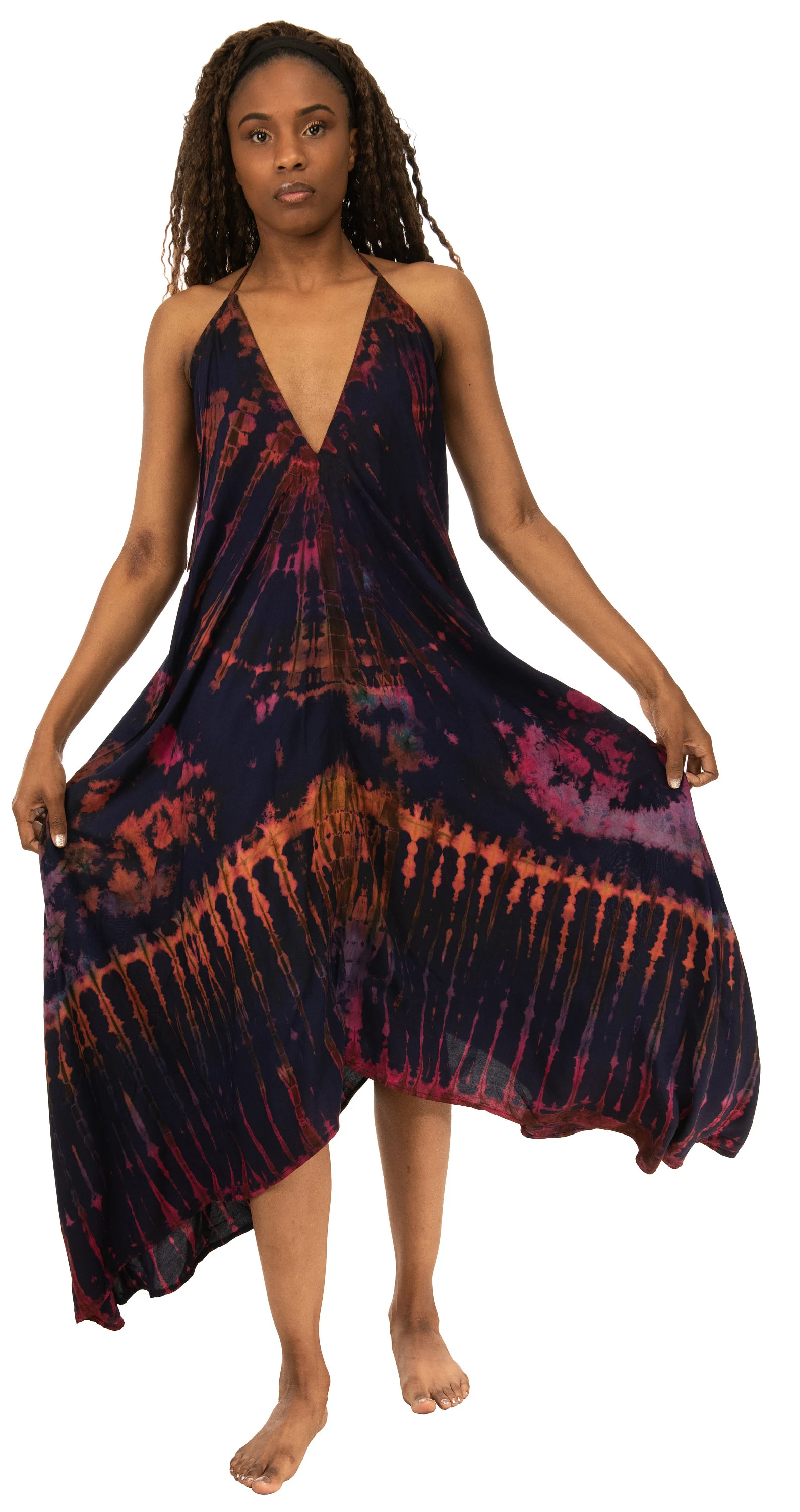 Dress v neck halter maxi with low back dress tie dye