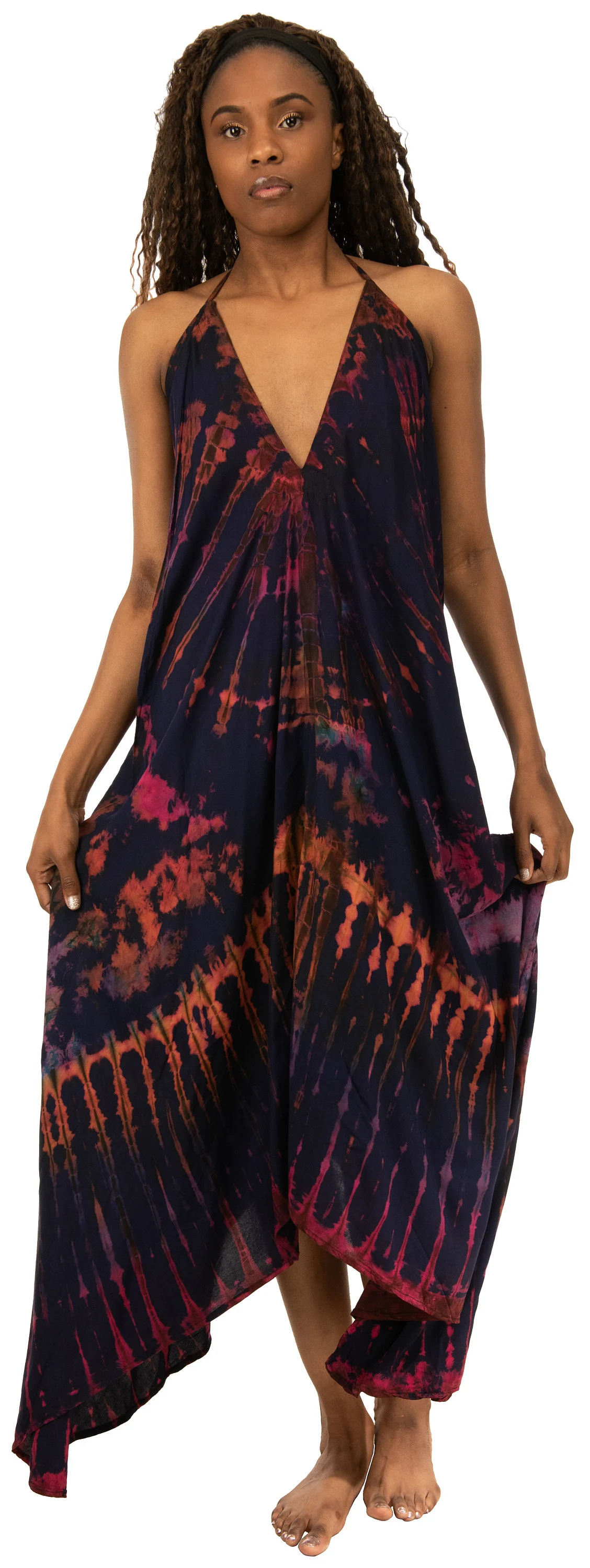 Dress v neck halter maxi with low back dress tie dye