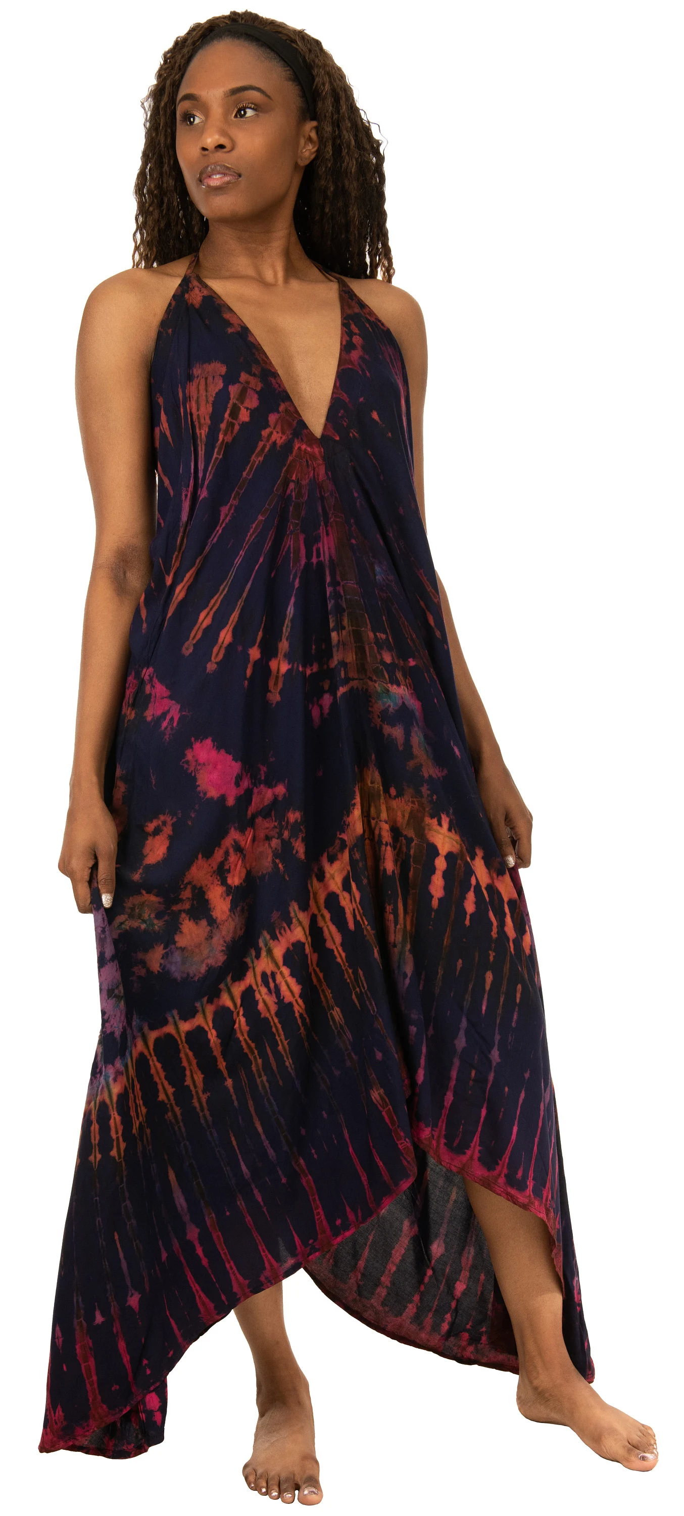 Dress v neck halter maxi with low back dress tie dye