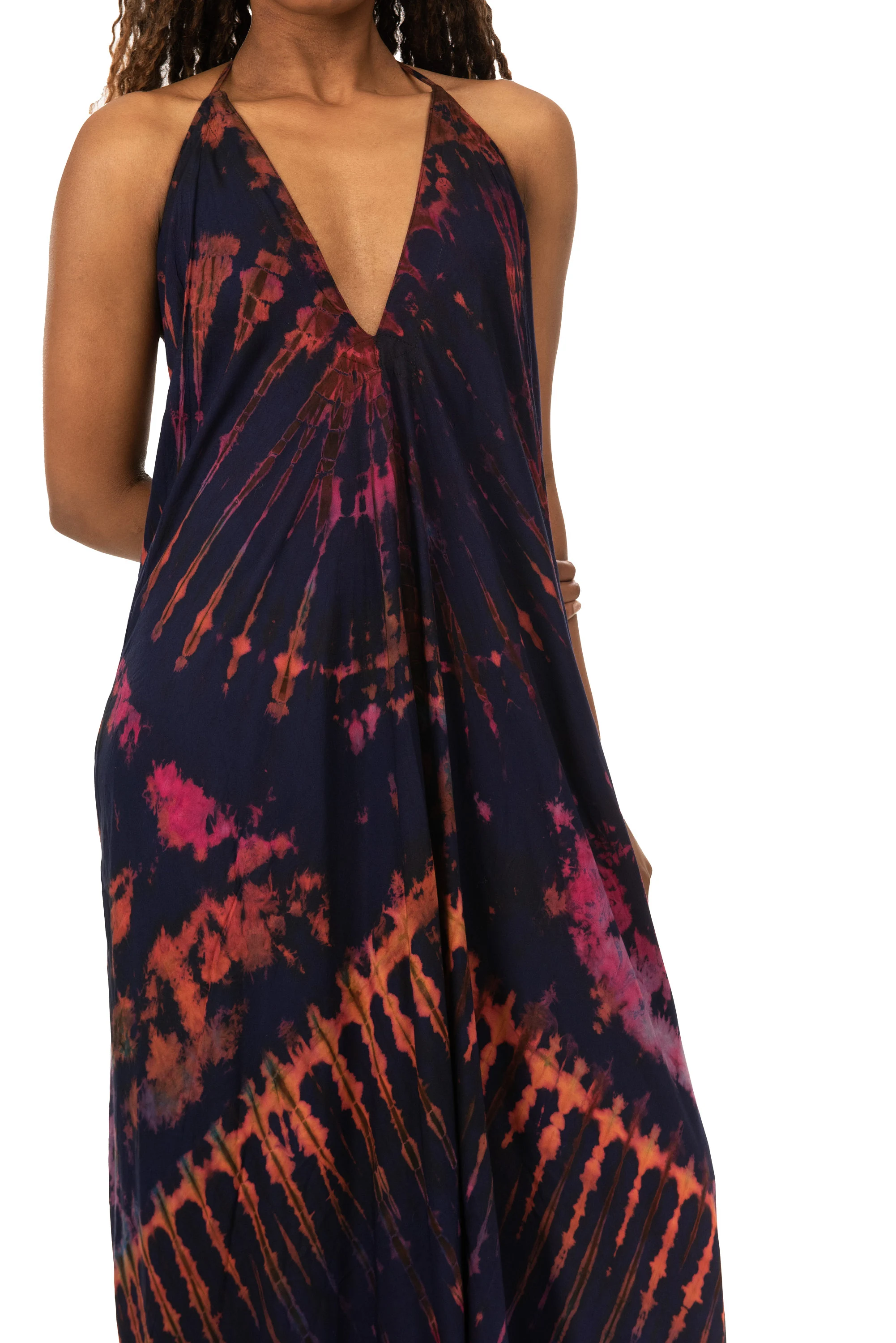 Dress v neck halter maxi with low back dress tie dye