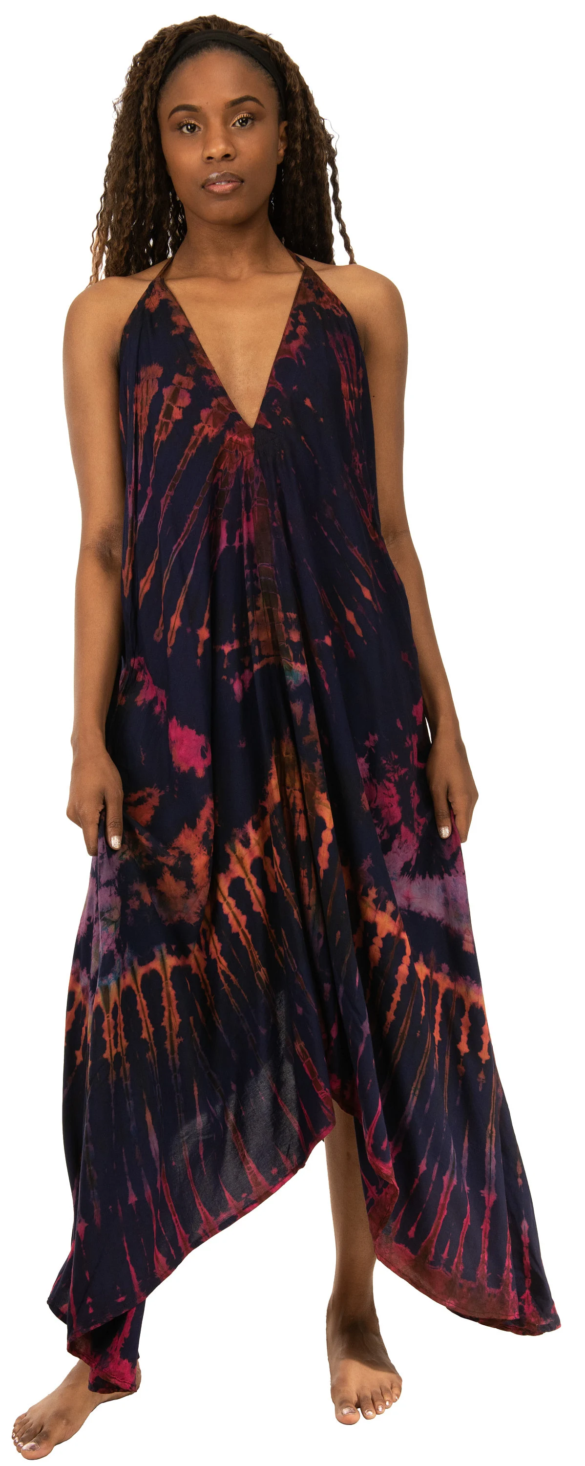 Dress v neck halter maxi with low back dress tie dye