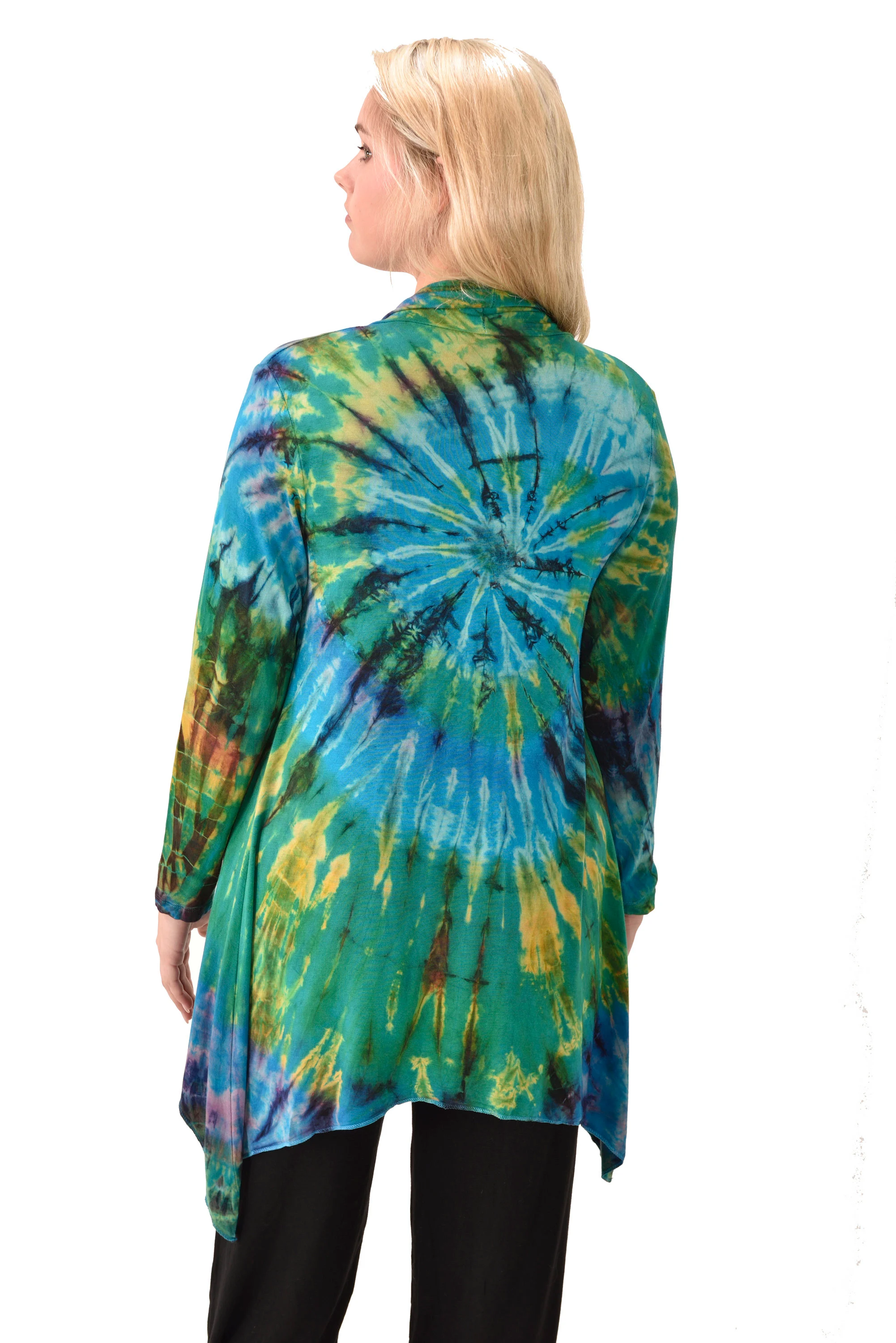 Top Cardigan Kimono style blouse Mudmee Ikat reverse style Tie-Dye on silky soft high end Spandex Rayon blended machine washable fabric