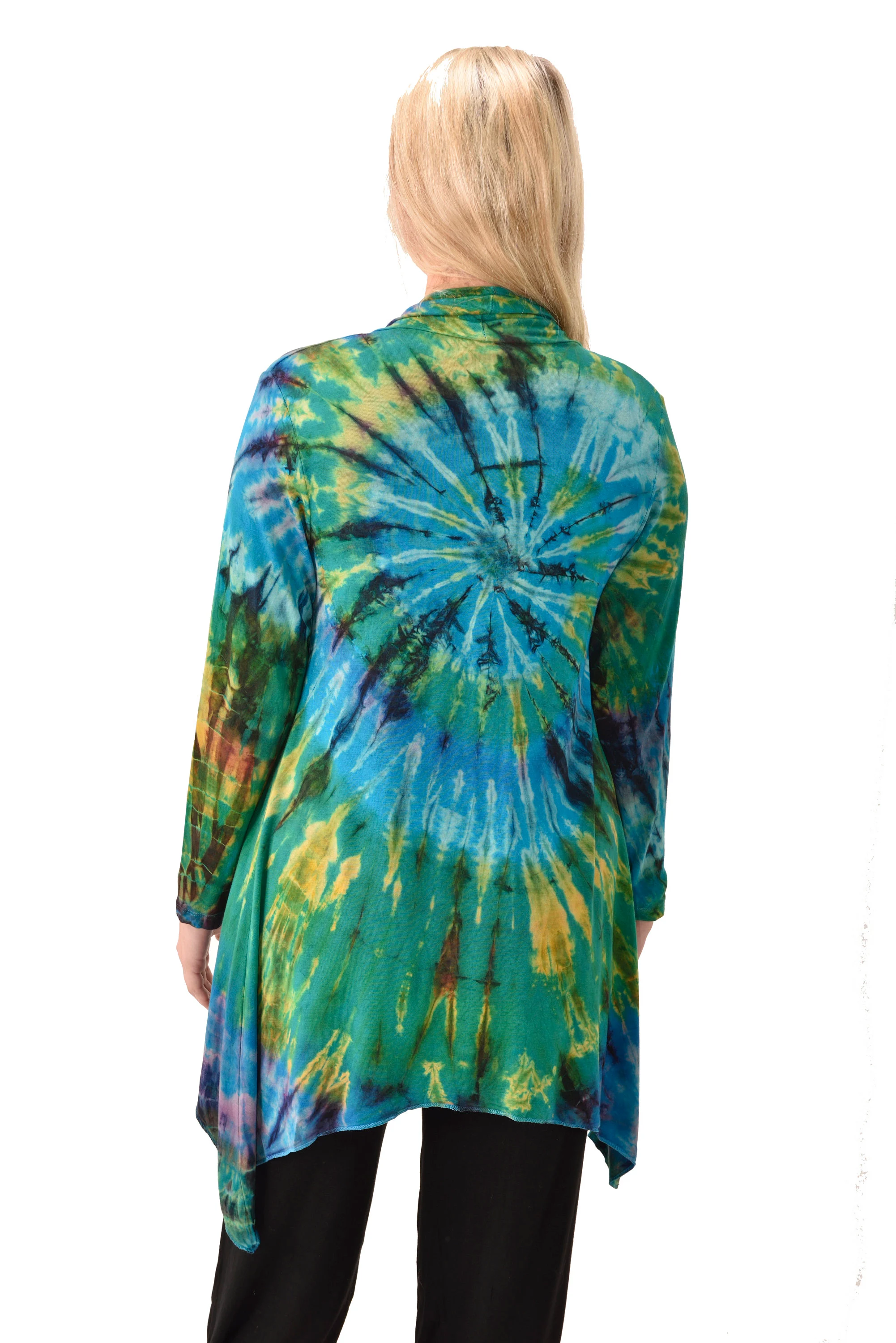 Top Cardigan Kimono style blouse Mudmee Ikat reverse style Tie-Dye on silky soft high end Spandex Rayon blended machine washable fabric