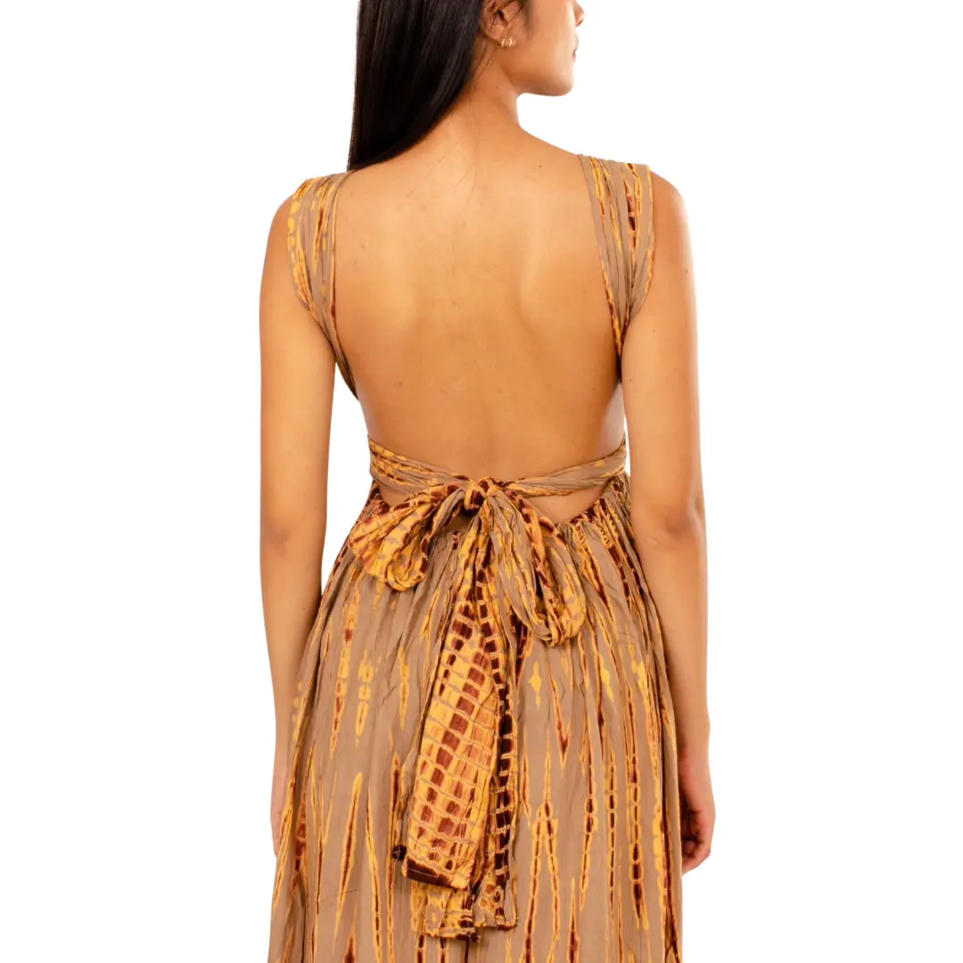 Hand-Painted Tie-Dye Rayon Maxi Dress: Summer Sunset Side Slit Brown dress