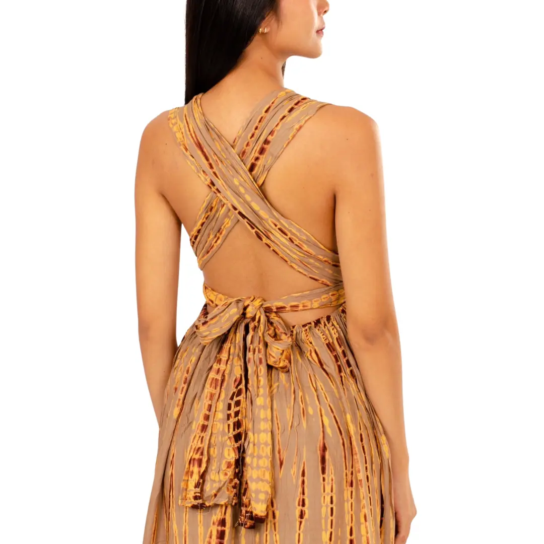 Hand-Painted Tie-Dye Rayon Maxi Dress: Summer Sunset Side Slit Brown dress