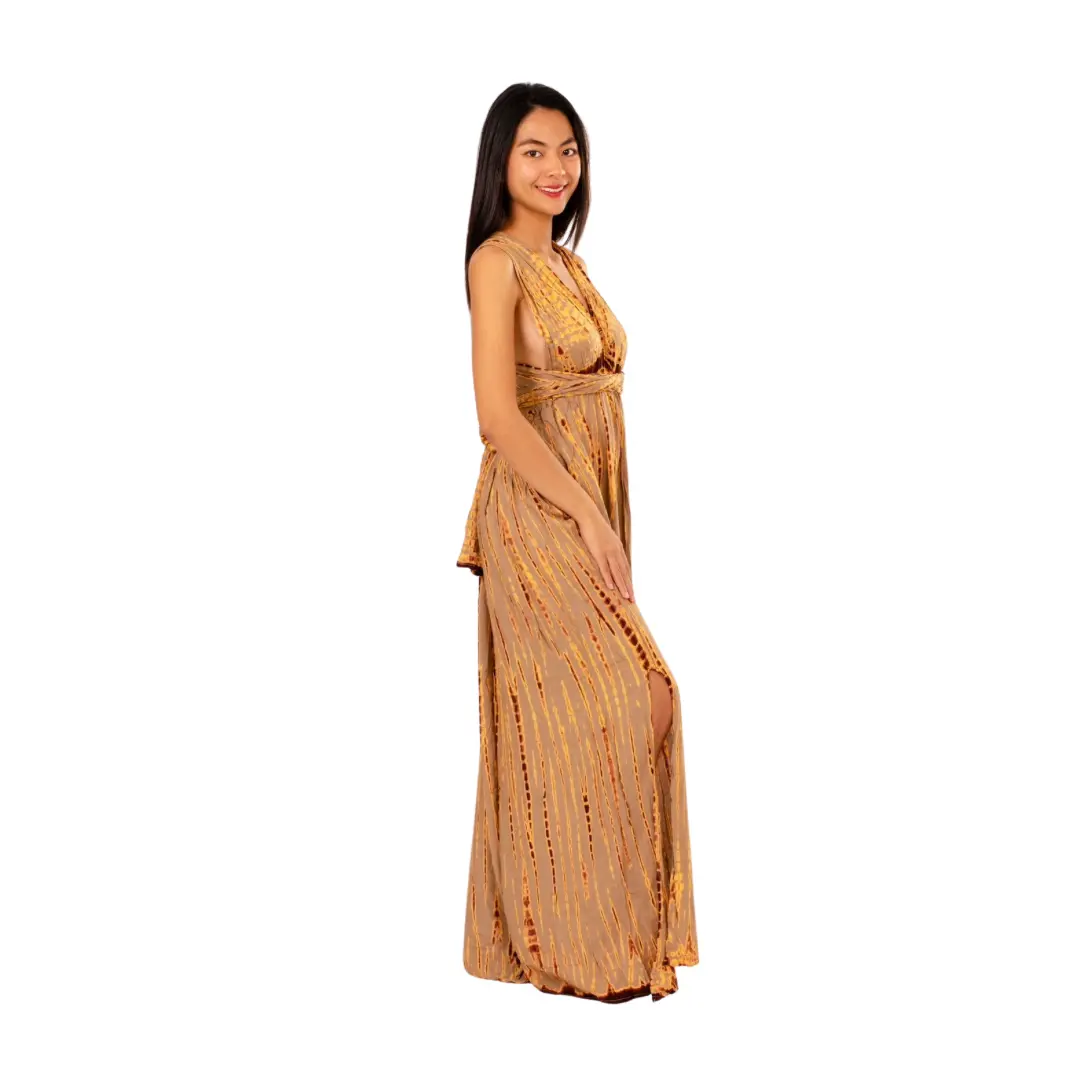 Hand-Painted Tie-Dye Rayon Maxi Dress: Summer Sunset Side Slit Brown dress