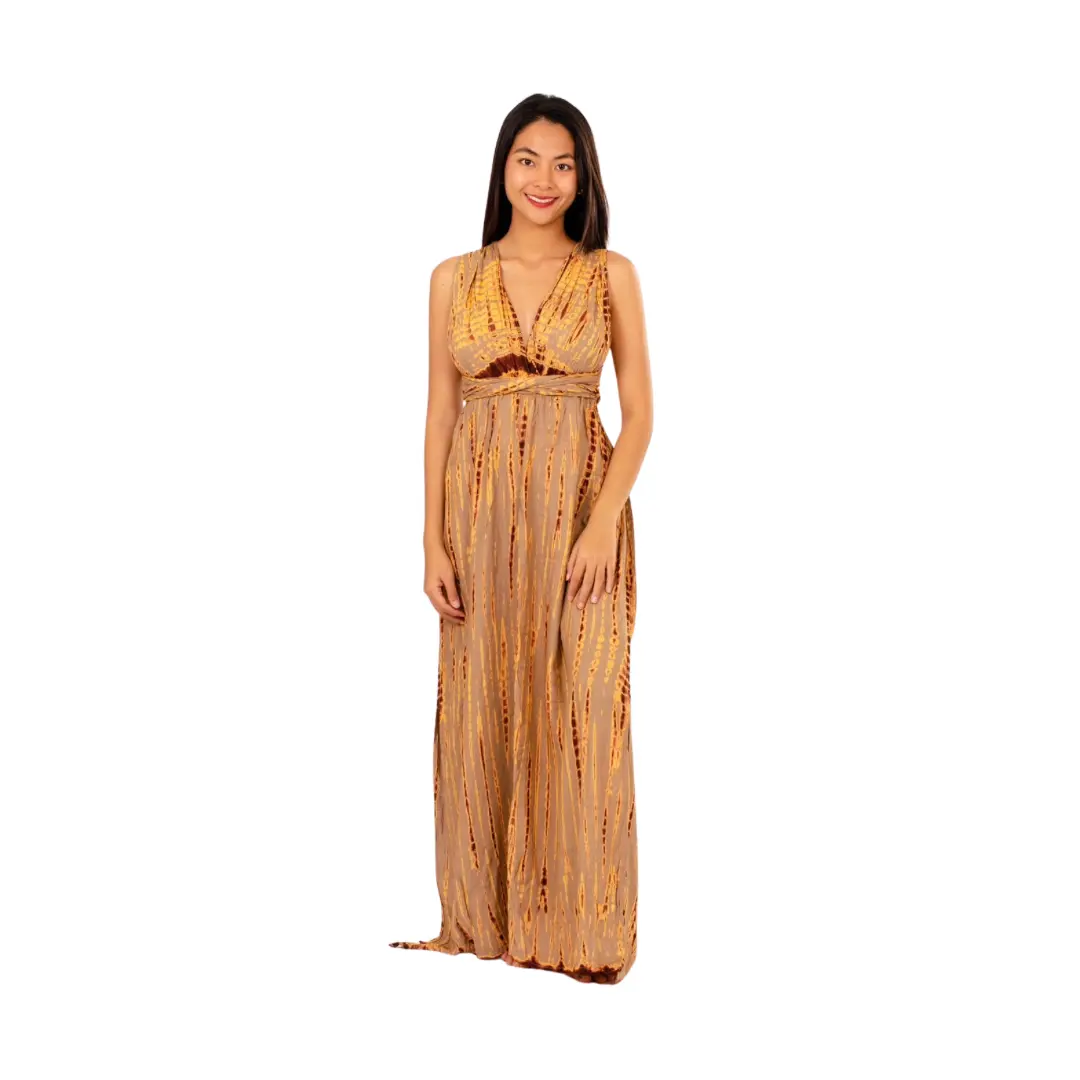 Hand-Painted Tie-Dye Rayon Maxi Dress: Summer Sunset Side Slit Brown dress