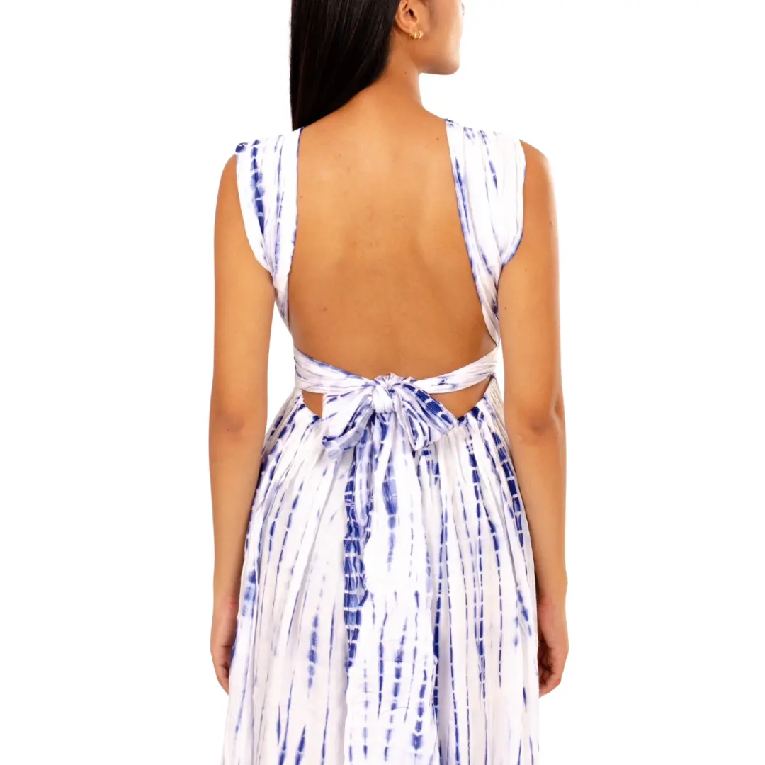 Hand-Painted Tie-Dye Rayon Maxi Dress: Summer Sunset Side Slit White/Blue dress