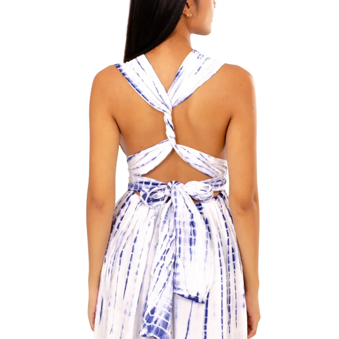 Hand-Painted Tie-Dye Rayon Maxi Dress: Summer Sunset Side Slit White/Blue dress