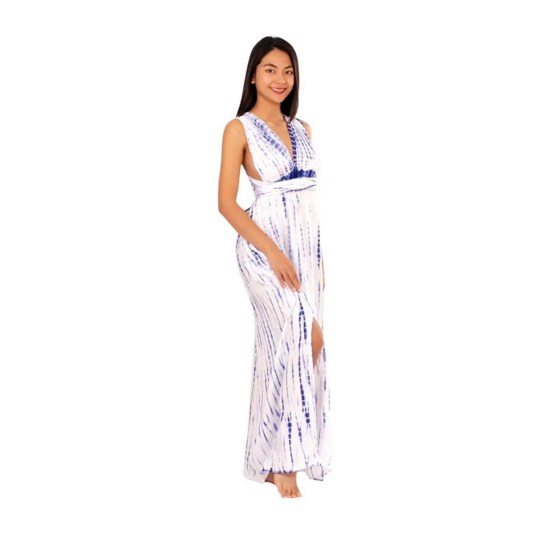 Hand-Painted Tie-Dye Rayon Maxi Dress: Summer Sunset Side Slit White/Blue dress