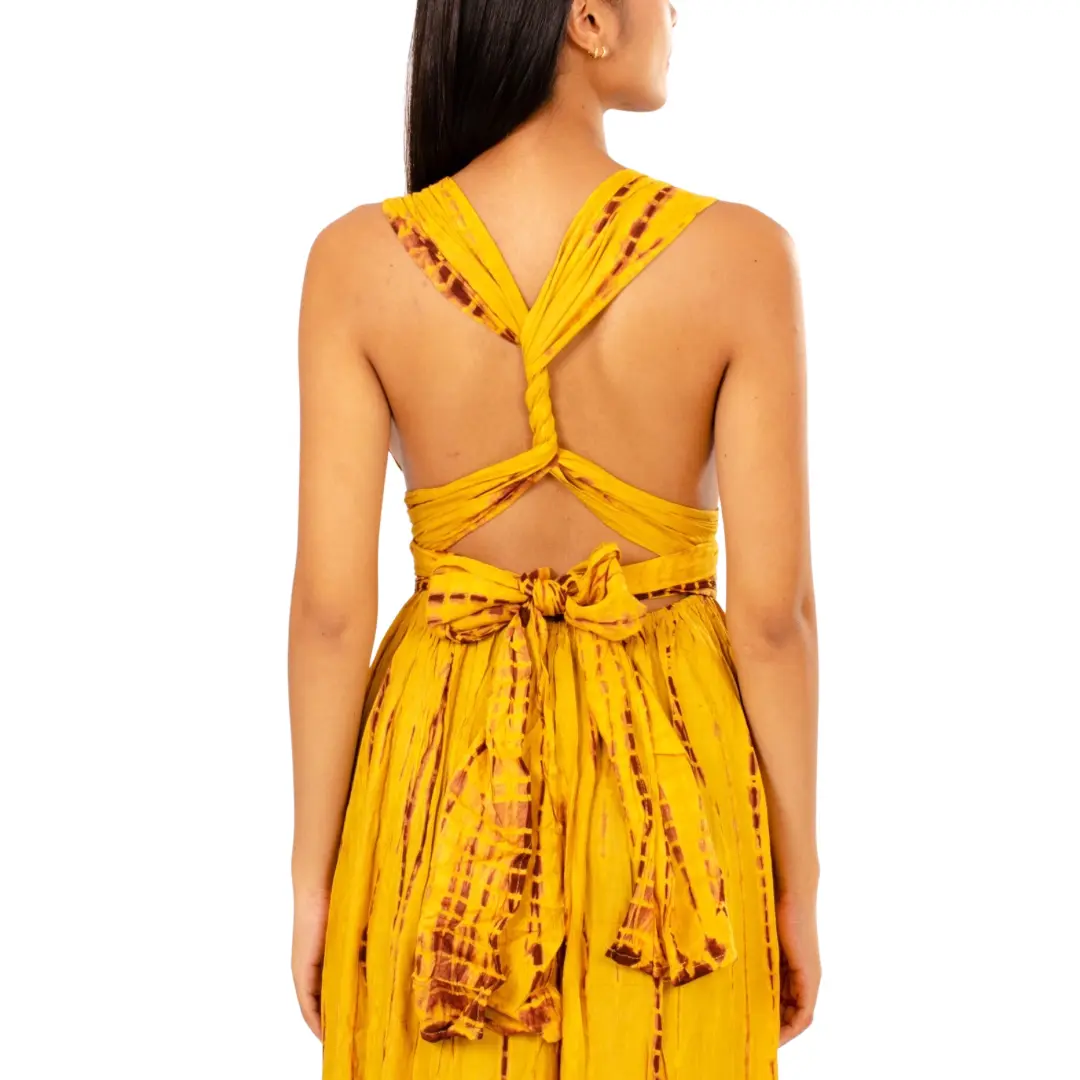 Hand-Painted Tie-Dye Rayon Maxi Dress: Summer Sunset Side Slit Yellow dress