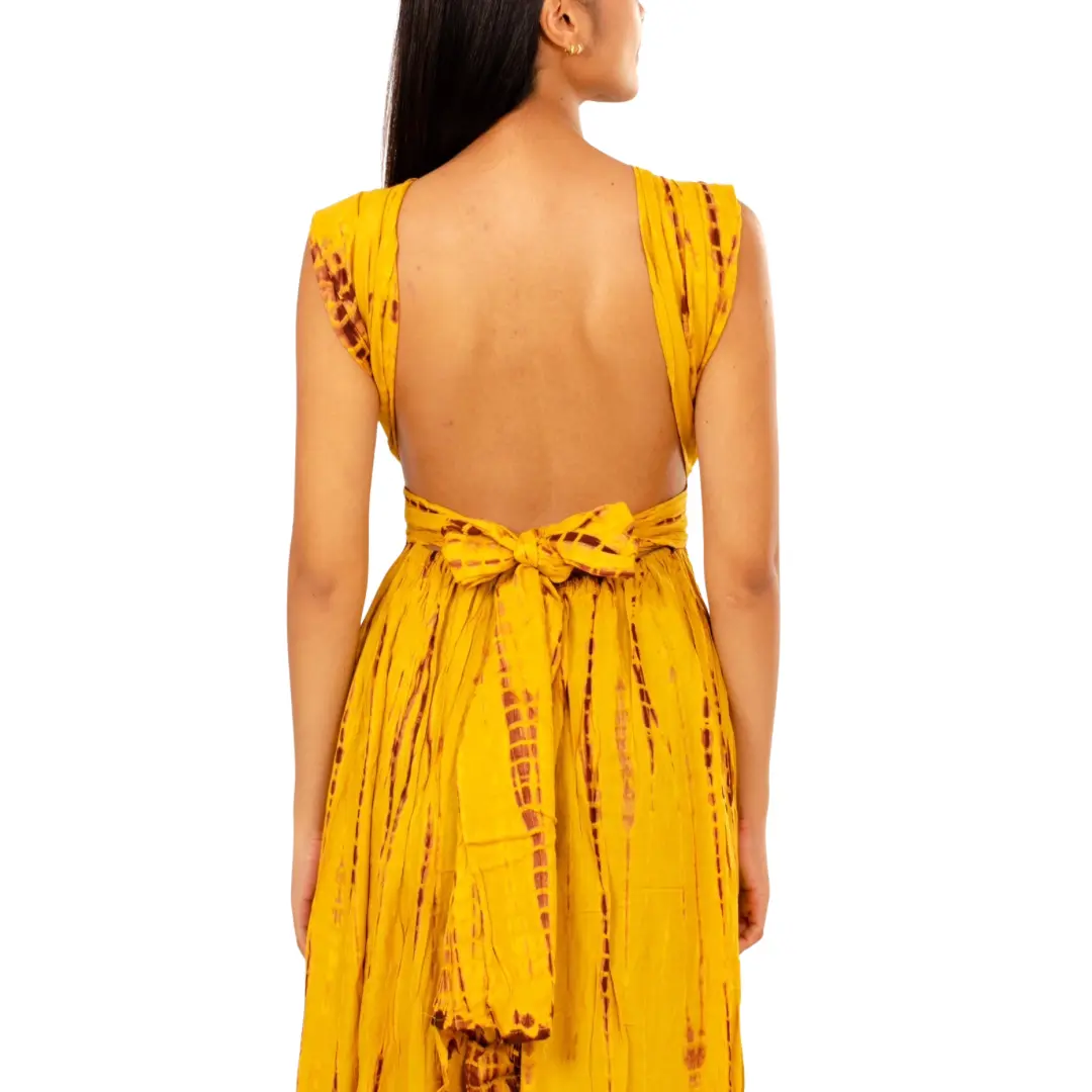 Hand-Painted Tie-Dye Rayon Maxi Dress: Summer Sunset Side Slit Yellow dress