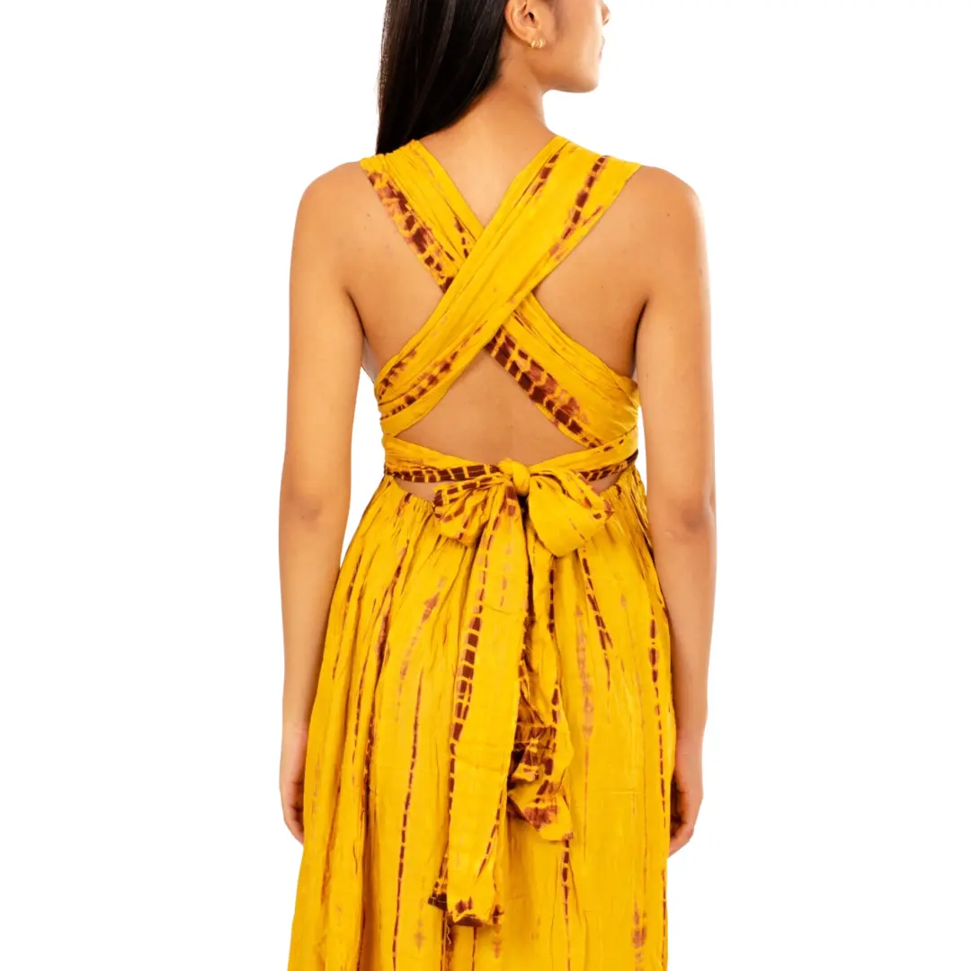 Hand-Painted Tie-Dye Rayon Maxi Dress: Summer Sunset Side Slit Yellow dress