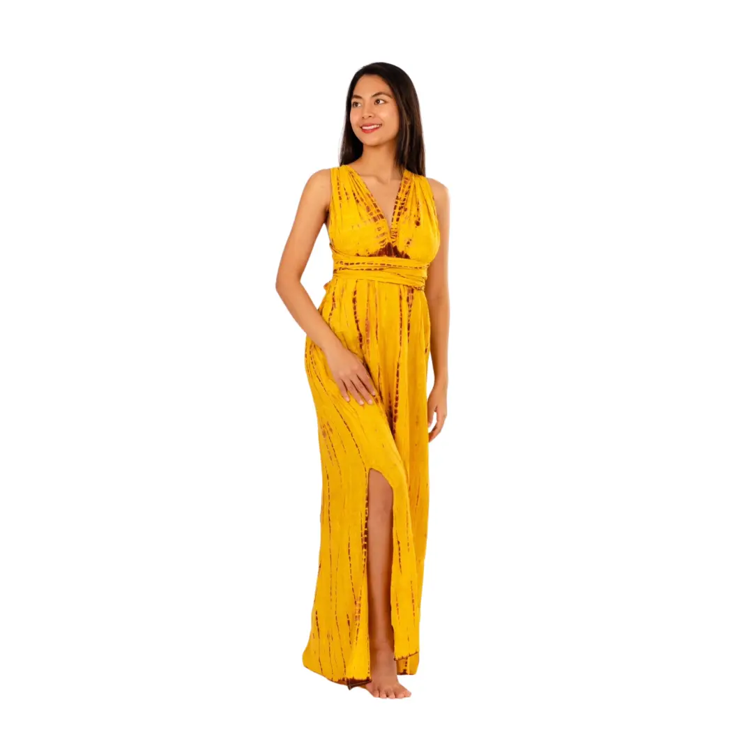 Hand-Painted Tie-Dye Rayon Maxi Dress: Summer Sunset Side Slit Yellow dress