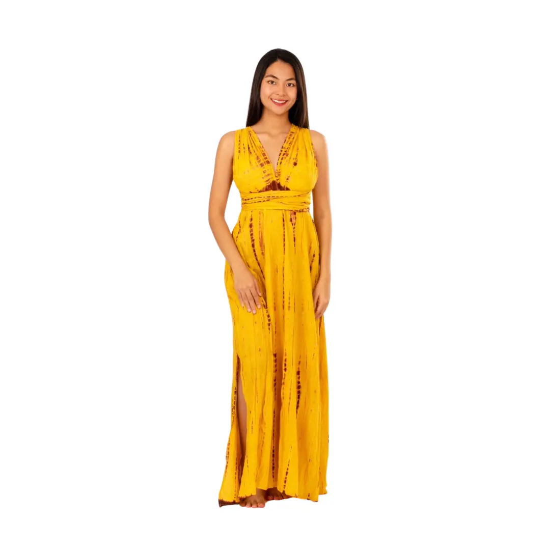 Hand-Painted Tie-Dye Rayon Maxi Dress: Summer Sunset Side Slit Yellow dress
