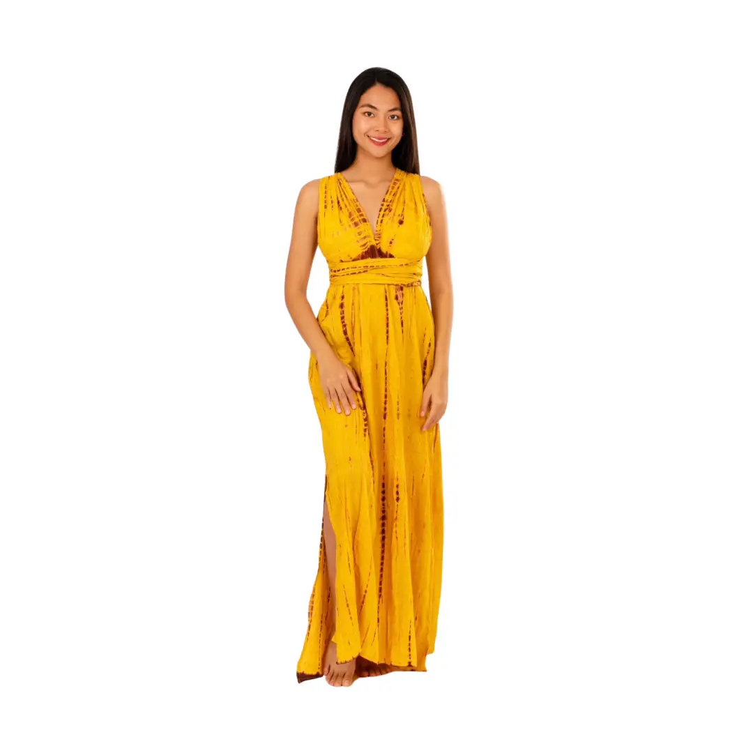 Hand-Painted Tie-Dye Rayon Maxi Dress: Summer Sunset Side Slit Yellow dress