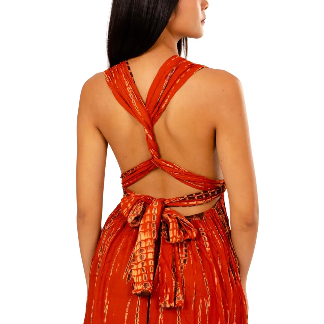 Hand-Painted Tie-Dye Rayon Maxi Dress: Summer Sunset Side Slit Orange dress
