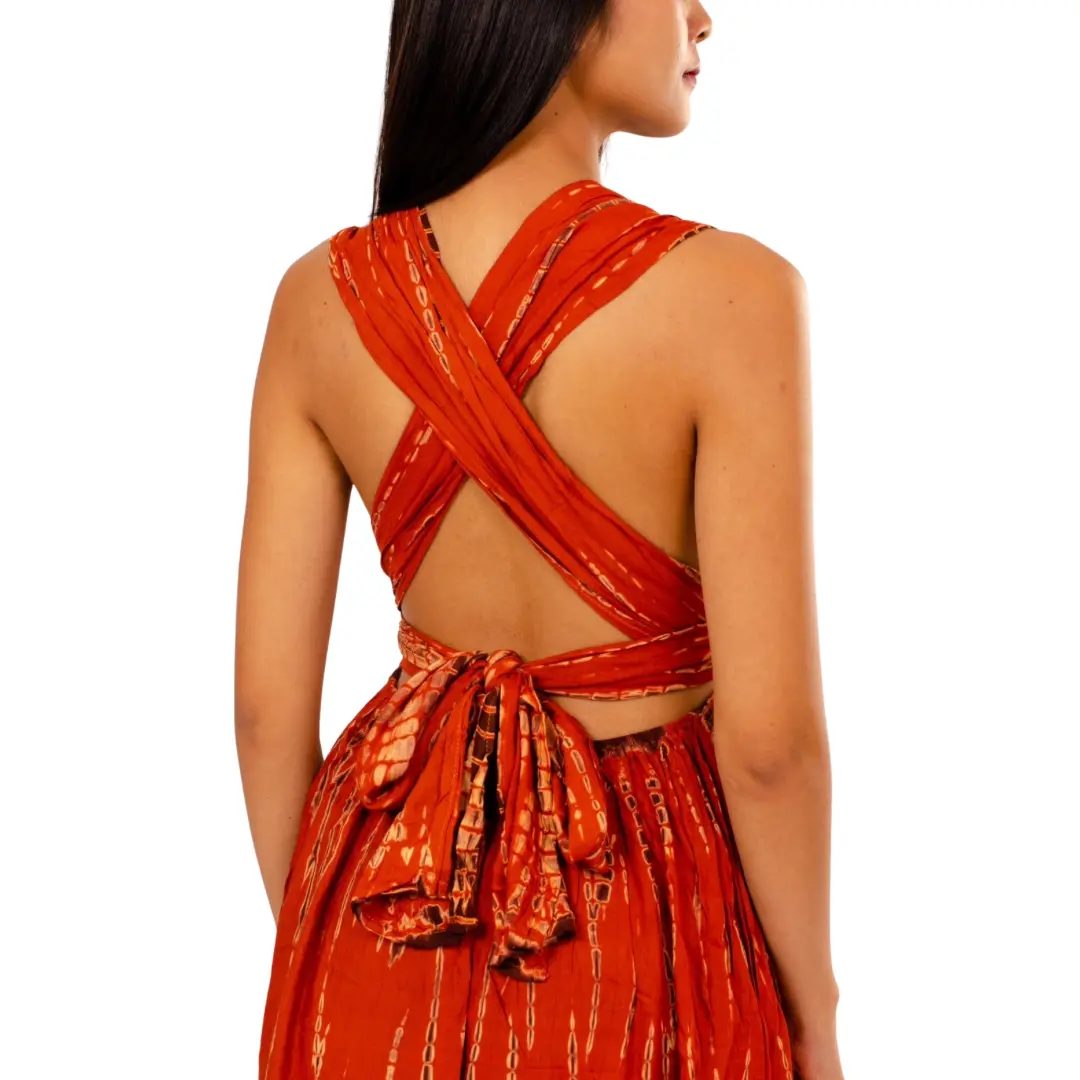 Hand-Painted Tie-Dye Rayon Maxi Dress: Summer Sunset Side Slit Orange dress