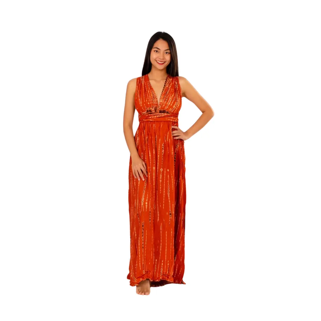 Hand-Painted Tie-Dye Rayon Maxi Dress: Summer Sunset Side Slit Orange dress