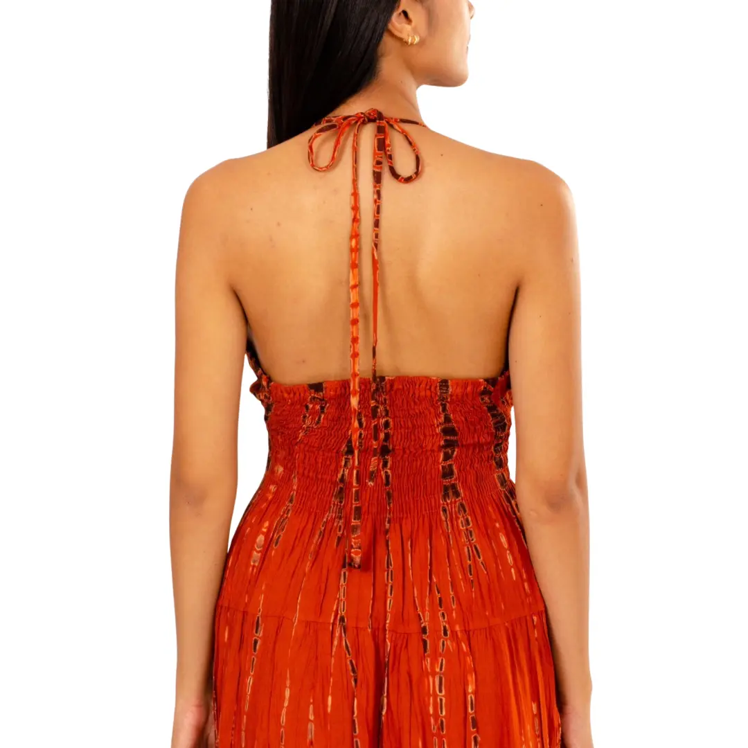 Hand-Painted Tie-Dye Rayon Dress: Orange Shimmer V-Neck Maxi long dress