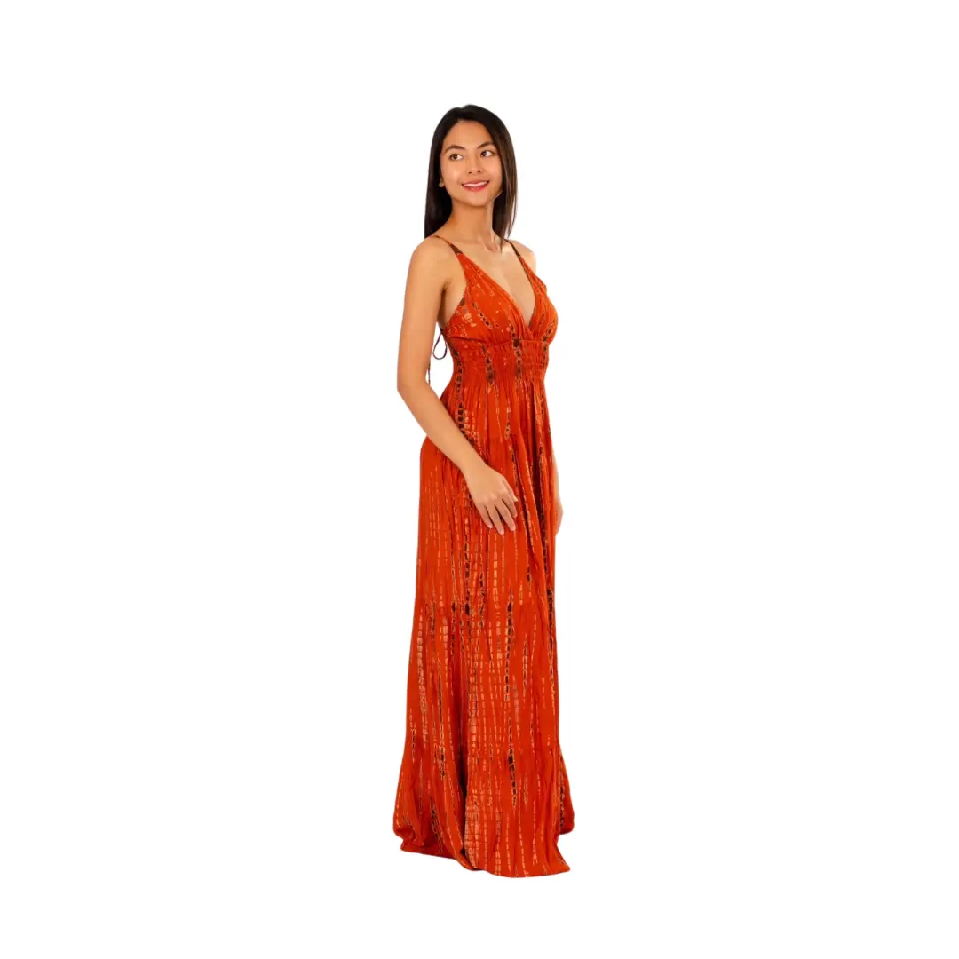 Hand-Painted Tie-Dye Rayon Dress: Orange Shimmer V-Neck Maxi long dress
