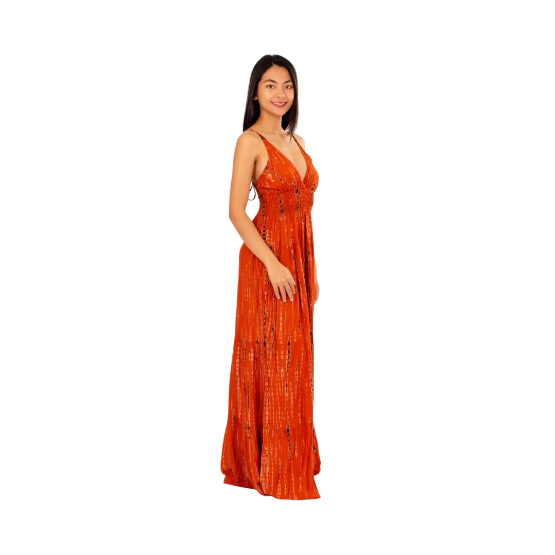 Hand-Painted Tie-Dye Rayon Dress: Orange Shimmer V-Neck Maxi long dress