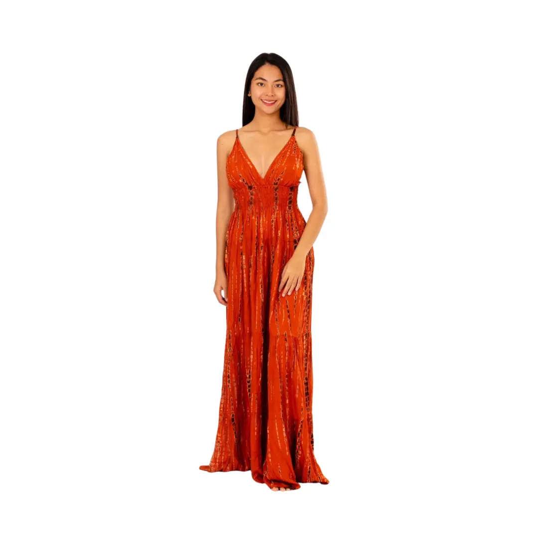Hand-Painted Tie-Dye Rayon Dress: Orange Shimmer V-Neck Maxi long dress