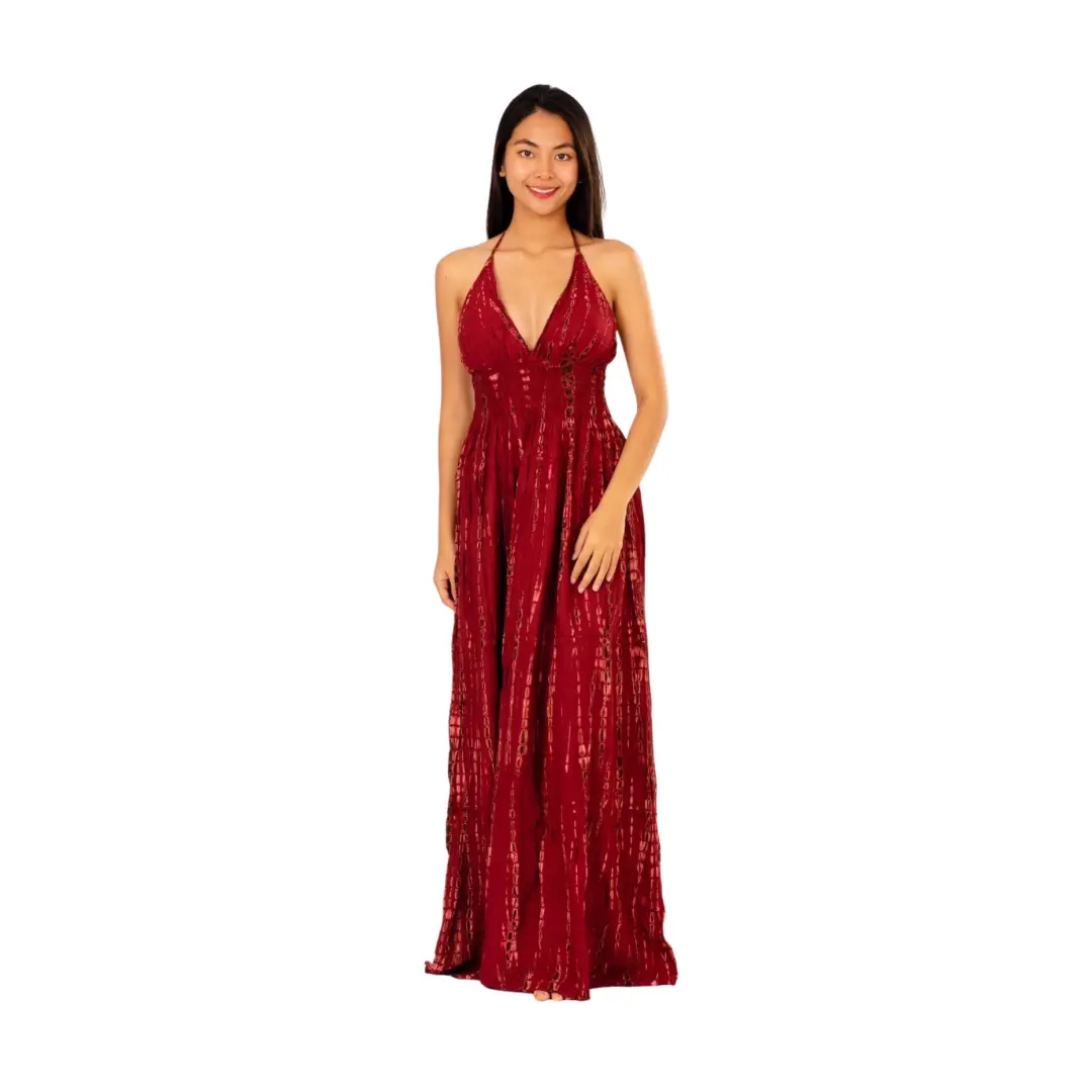Hand-Painted Tie-Dye Rayon Dress: Red Shimmer V-Neck Maxi long dress