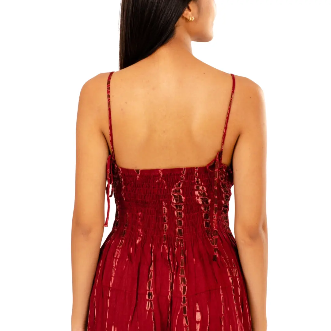 Hand-Painted Tie-Dye Rayon Dress: Red Shimmer V-Neck Maxi long dress