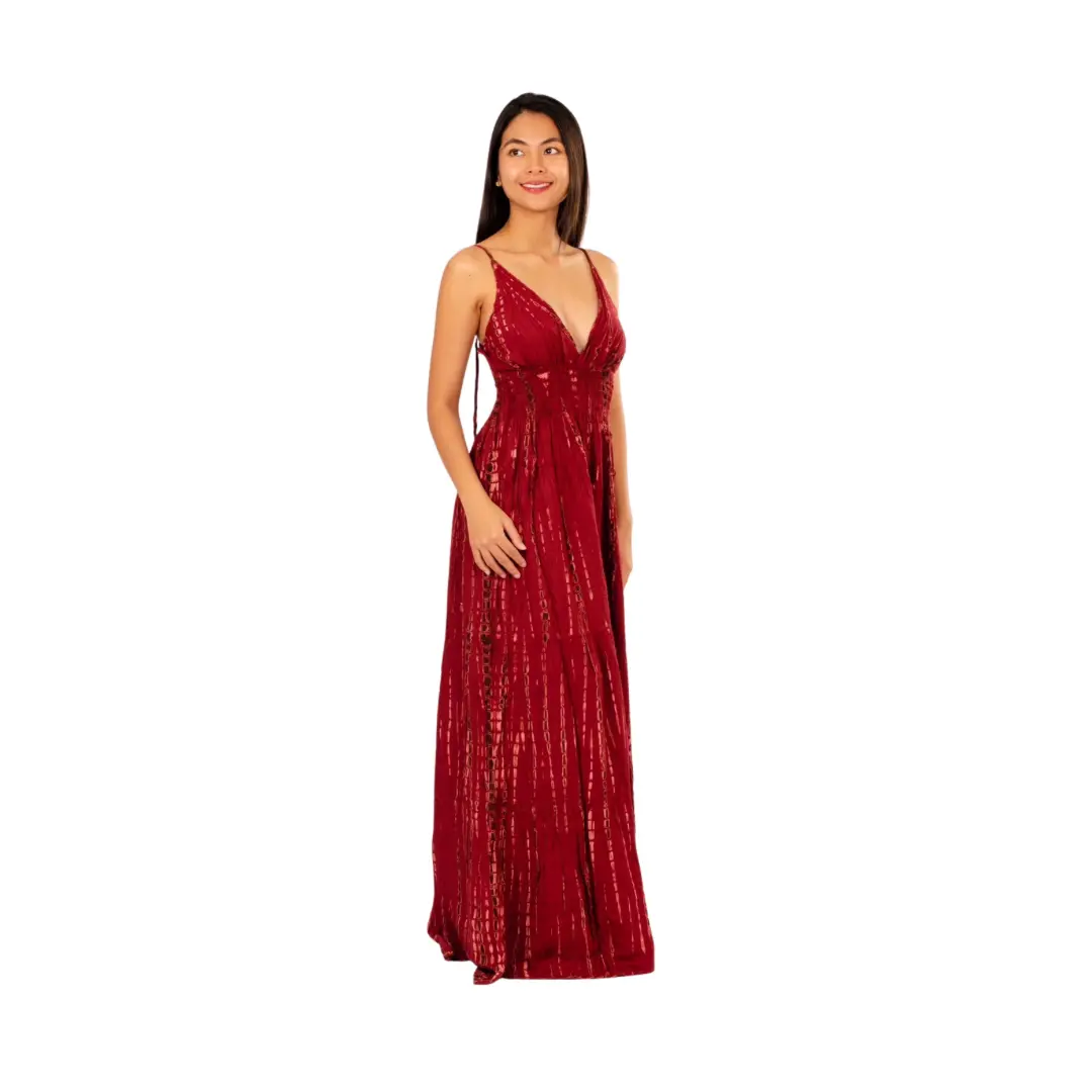 Hand-Painted Tie-Dye Rayon Dress: Red Shimmer V-Neck Maxi long dress