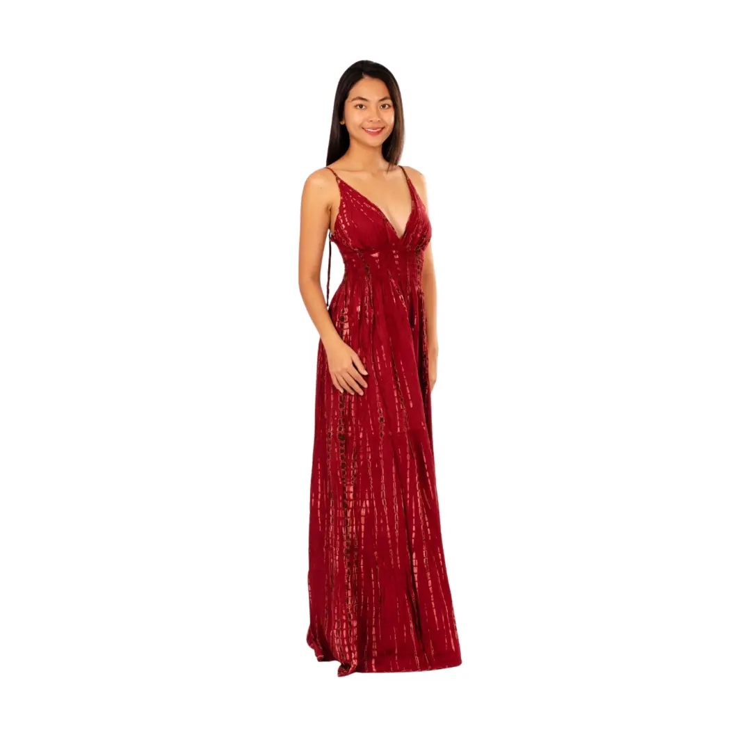 Hand-Painted Tie-Dye Rayon Dress: Red Shimmer V-Neck Maxi long dress