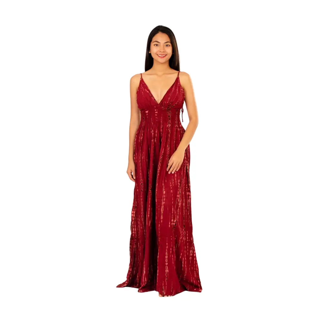 Hand-Painted Tie-Dye Rayon Dress: Red Shimmer V-Neck Maxi long dress