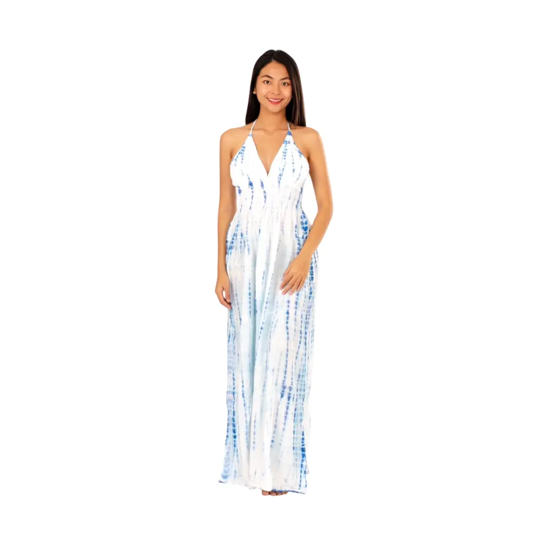 Hand-Painted Tie-Dye Rayon Dress: White/Blue Shimmer V-Neck Maxi long dress