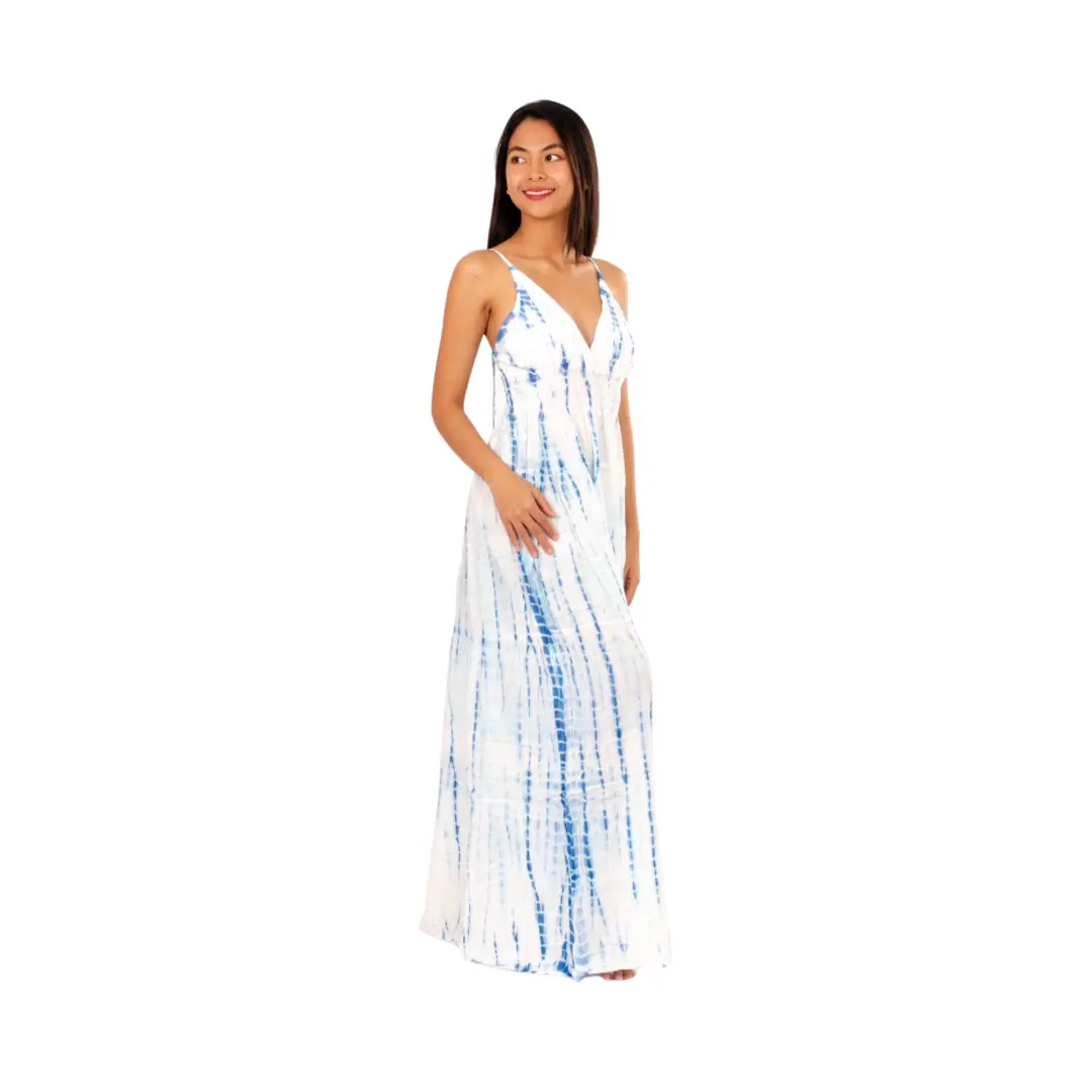 Hand-Painted Tie-Dye Rayon Dress: White/Blue Shimmer V-Neck Maxi long dress