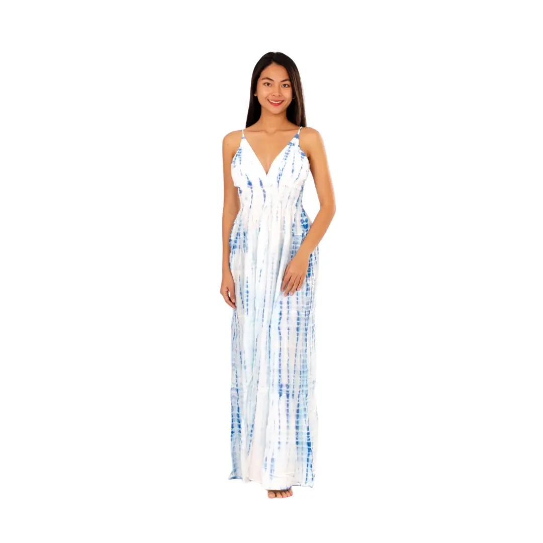Hand-Painted Tie-Dye Rayon Dress: White/Blue Shimmer V-Neck Maxi long dress