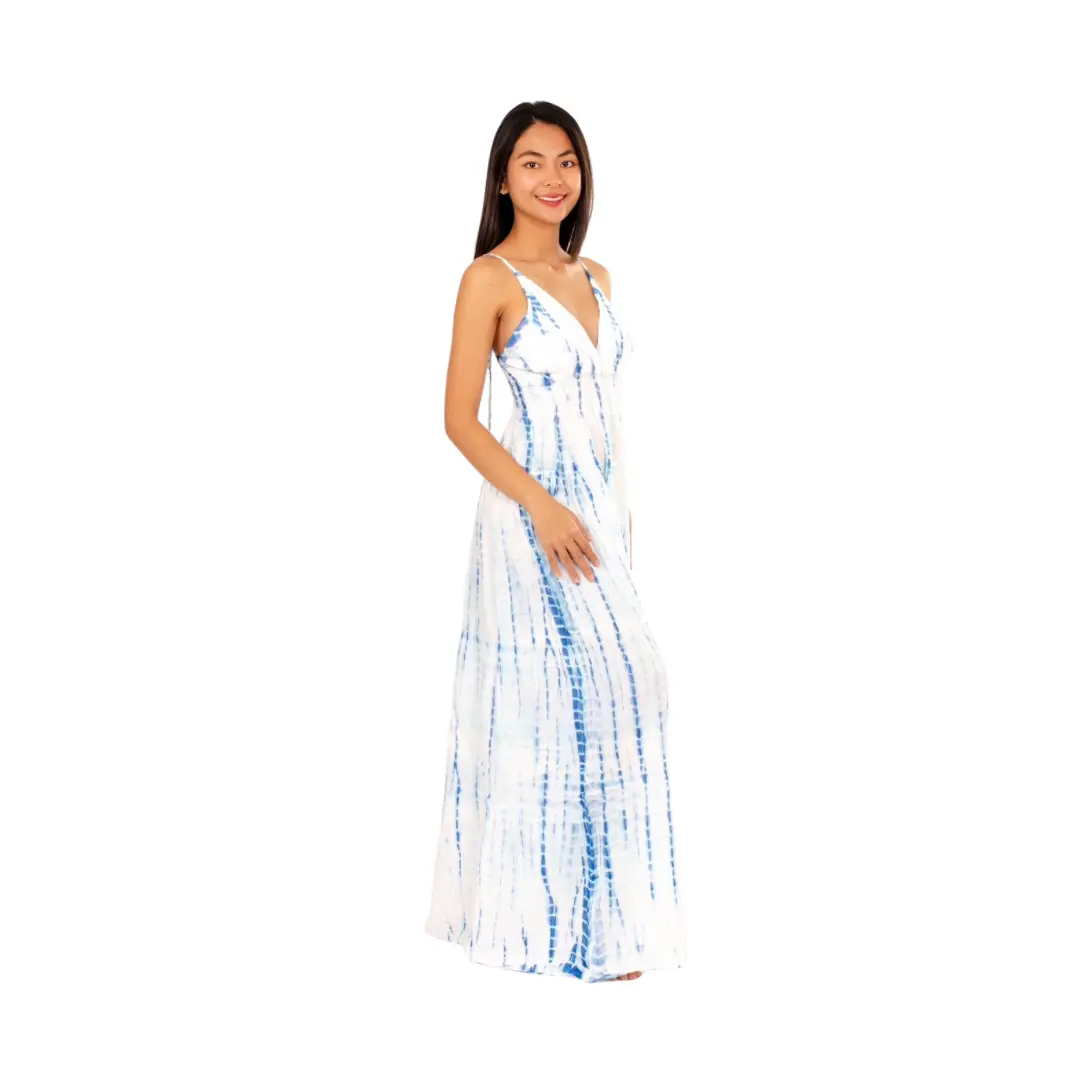 Hand-Painted Tie-Dye Rayon Dress: White/Blue Shimmer V-Neck Maxi long dress