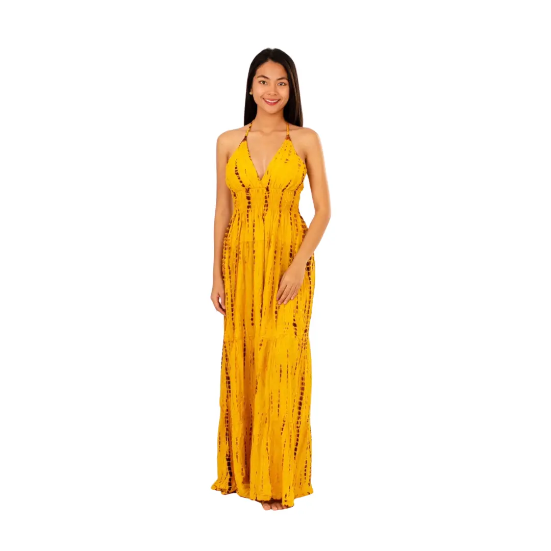 Hand-Painted Tie-Dye Rayon Dress: Yellow Shimmer V-Neck Maxi long dress