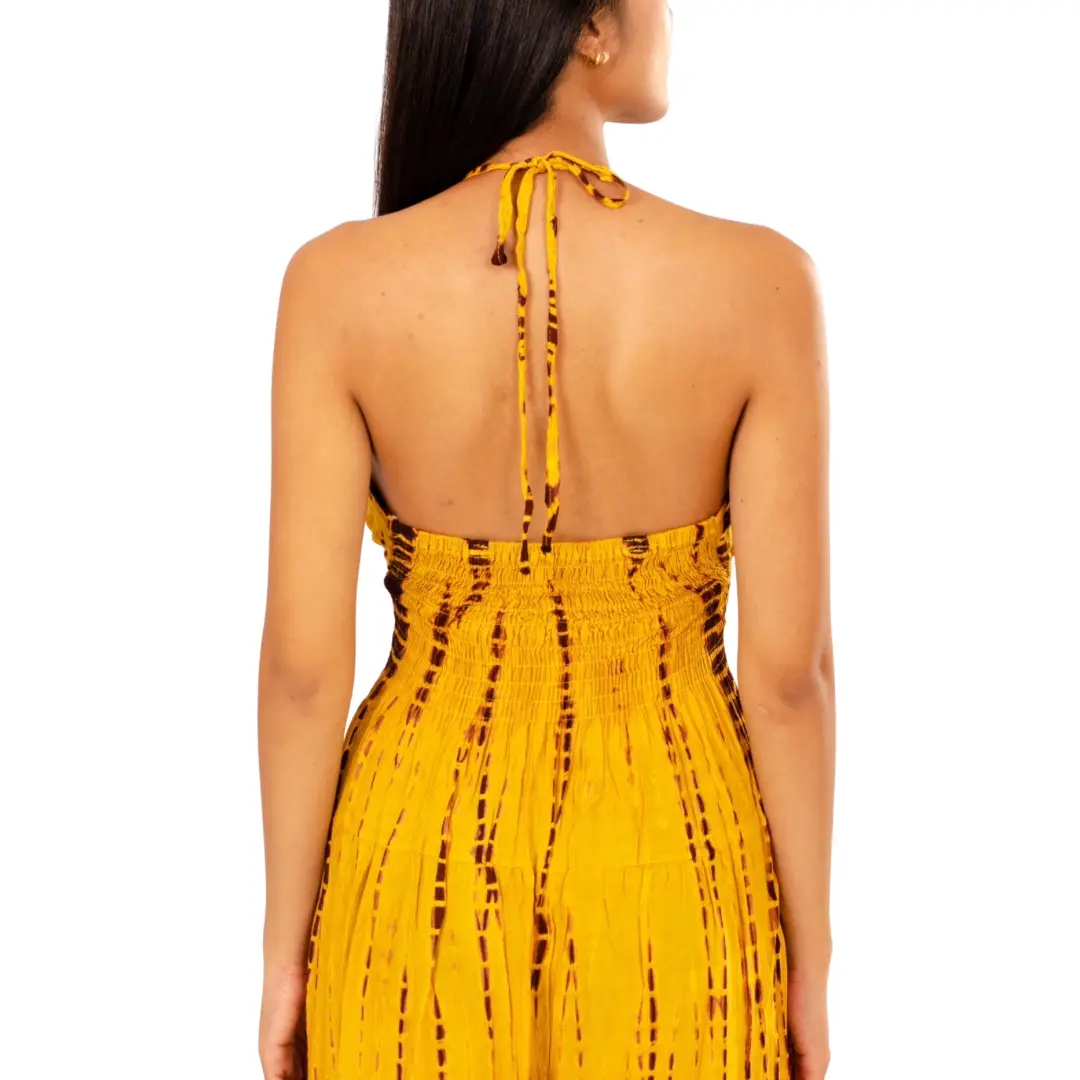 Hand-Painted Tie-Dye Rayon Dress: Yellow Shimmer V-Neck Maxi long dress