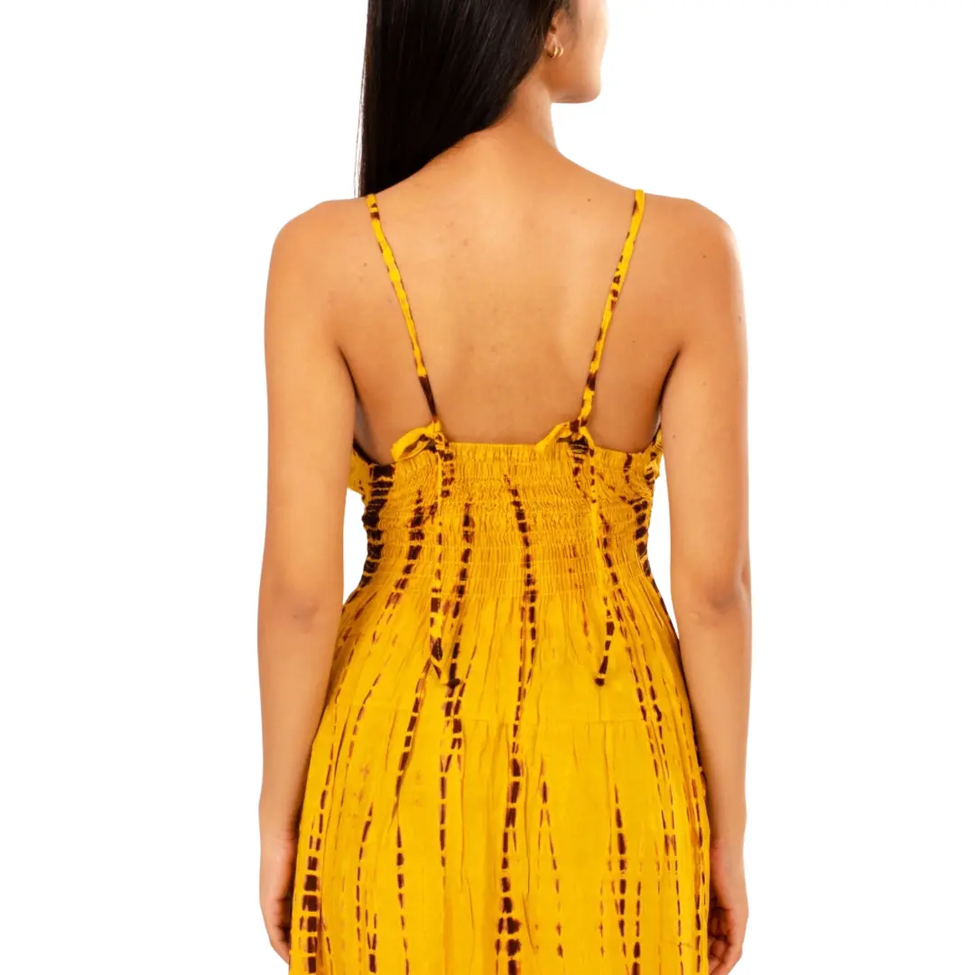 Hand-Painted Tie-Dye Rayon Dress: Yellow Shimmer V-Neck Maxi long dress