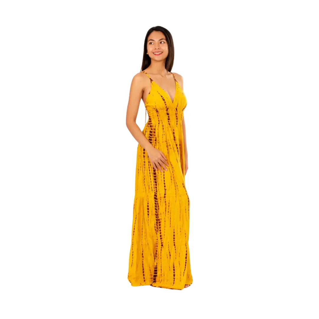 Hand-Painted Tie-Dye Rayon Dress: Yellow Shimmer V-Neck Maxi long dress