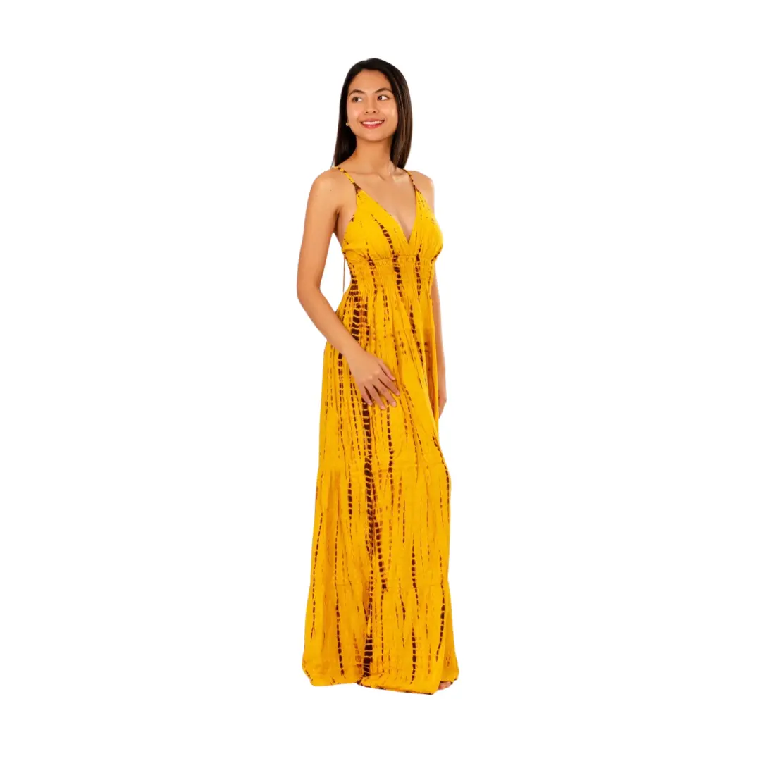Hand-Painted Tie-Dye Rayon Dress: Yellow Shimmer V-Neck Maxi long dress