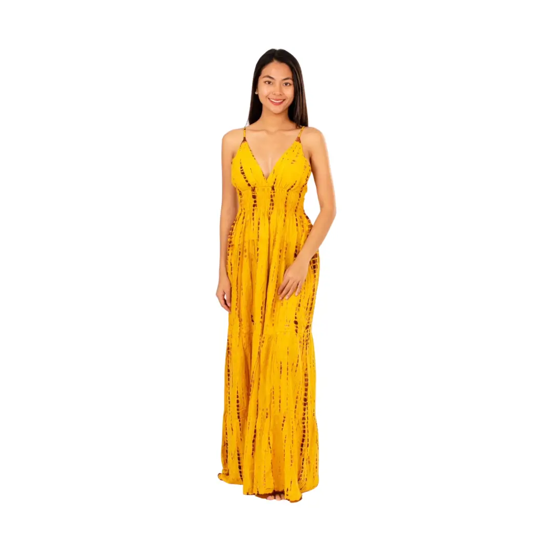 Hand-Painted Tie-Dye Rayon Dress: Yellow Shimmer V-Neck Maxi long dress