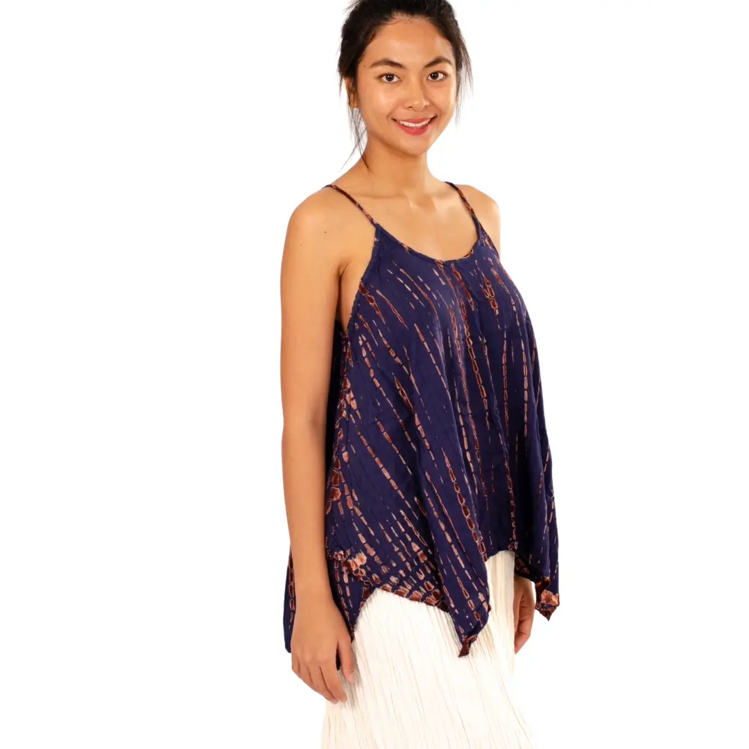 Hand-Painted Tie-Dye Rayon Boho Top: Flowy Hippie Chic Blue top